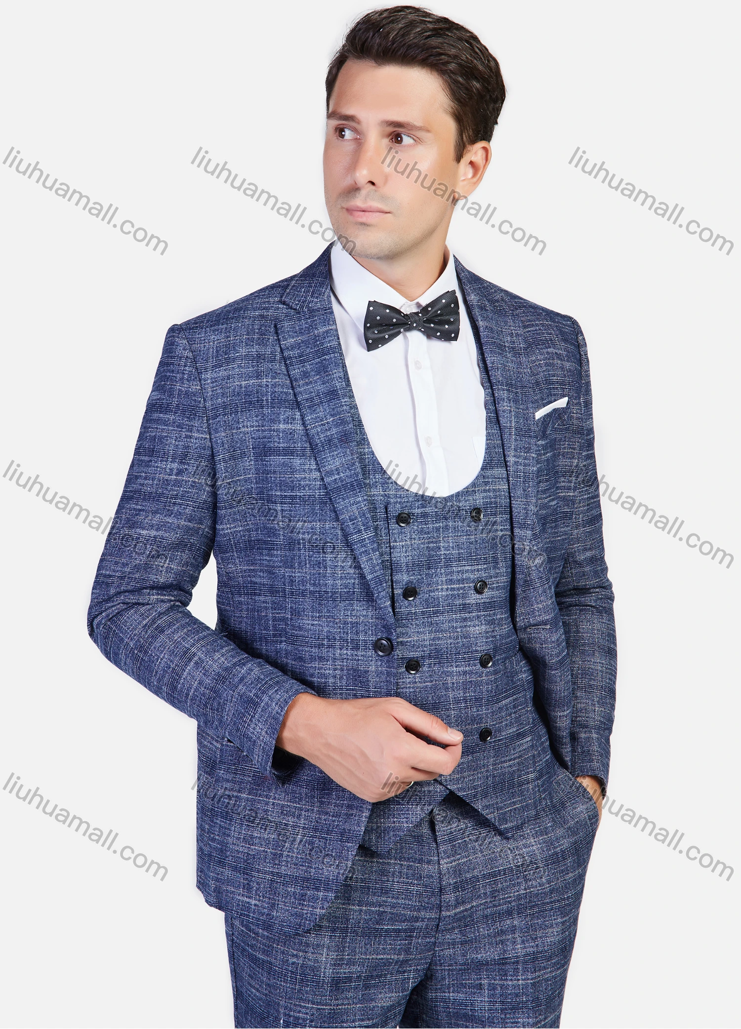 Wholesale Men's Formal Business Plaid Print Slim Fit Lapel Suit Jacket With Waistcoat 3 Piece Set - Liuhuamall