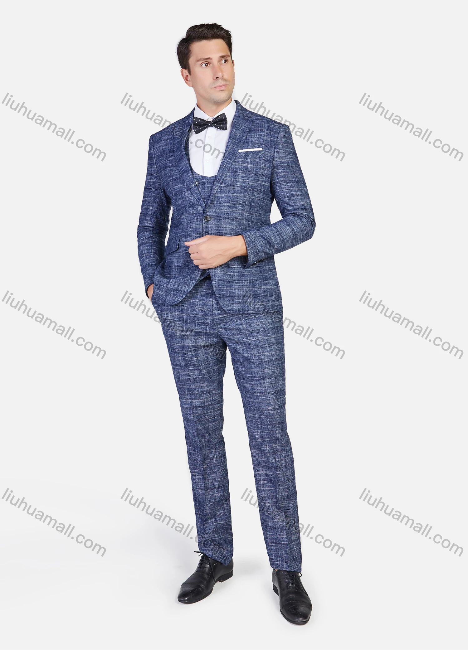 Wholesale Men's Formal Business Plaid Print Slim Fit Lapel Suit Jacket With Waistcoat 3 Piece Set - Liuhuamall