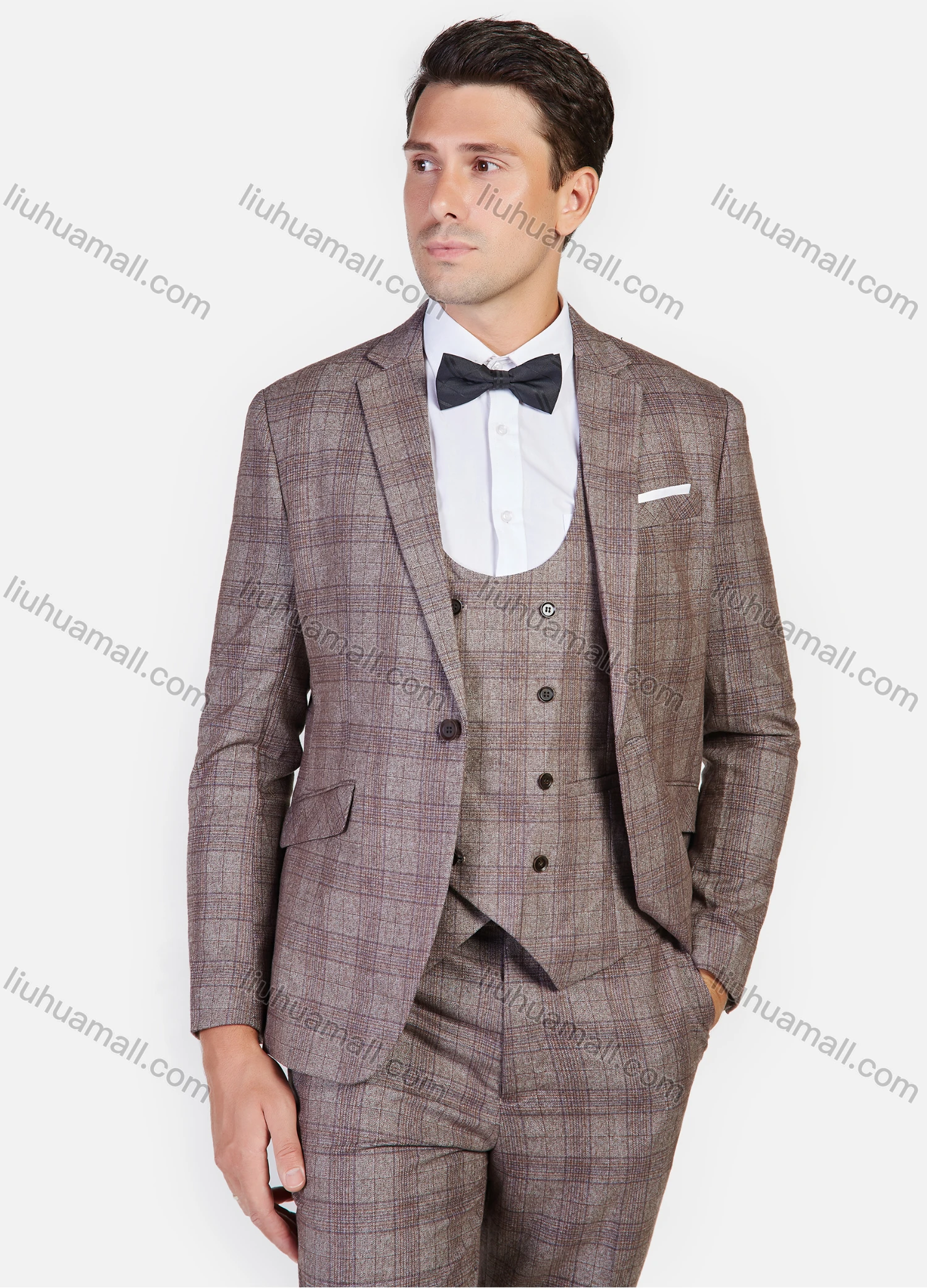 Wholesale Men's Formal Business Plaid Print Slim Fit Lapel Suit Jacket With Waistcoat 3 Piece Set - Liuhuamall