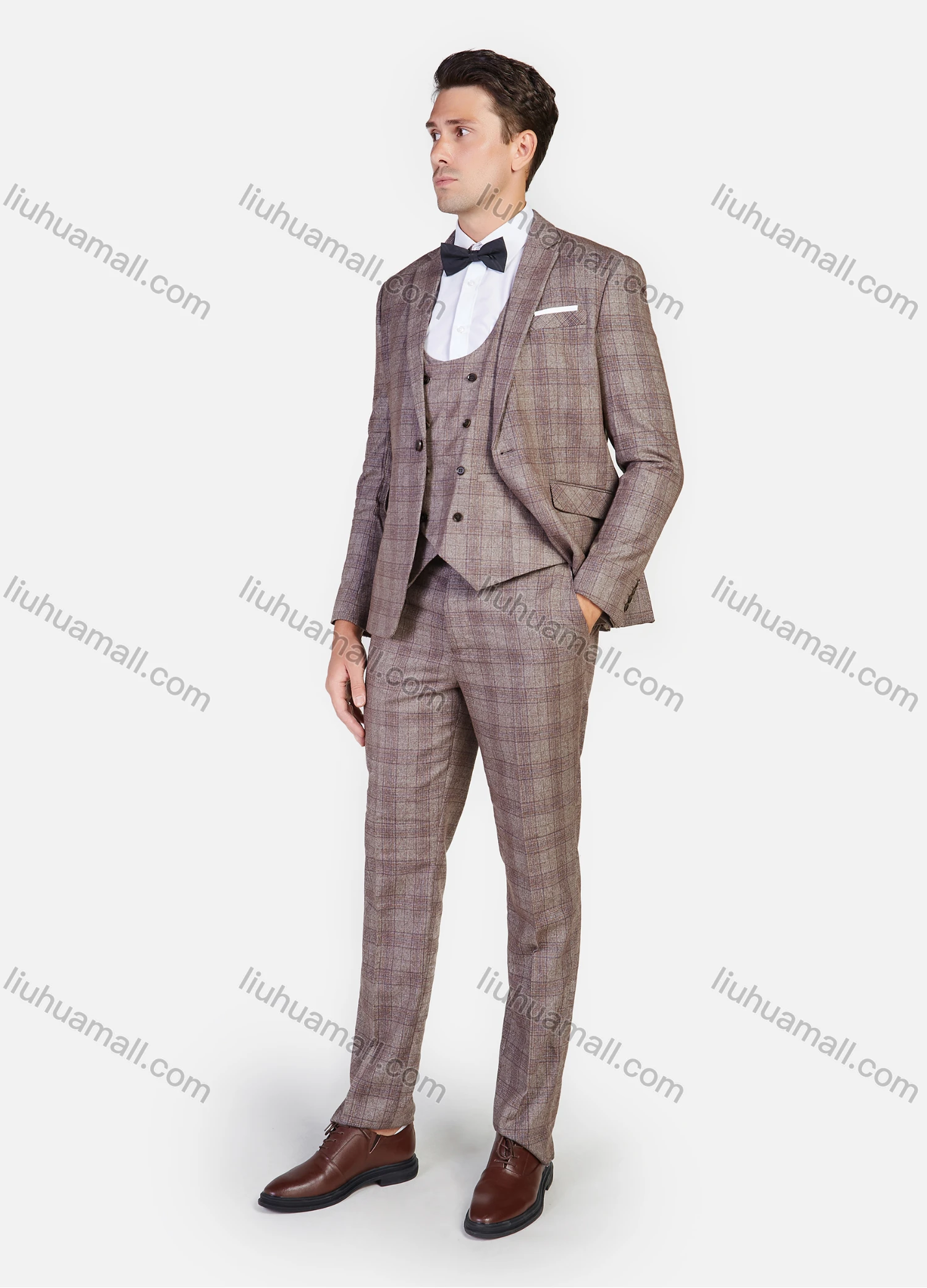 Wholesale Men's Formal Business Plaid Print Slim Fit Lapel Suit Jacket With Waistcoat 3 Piece Set - Liuhuamall