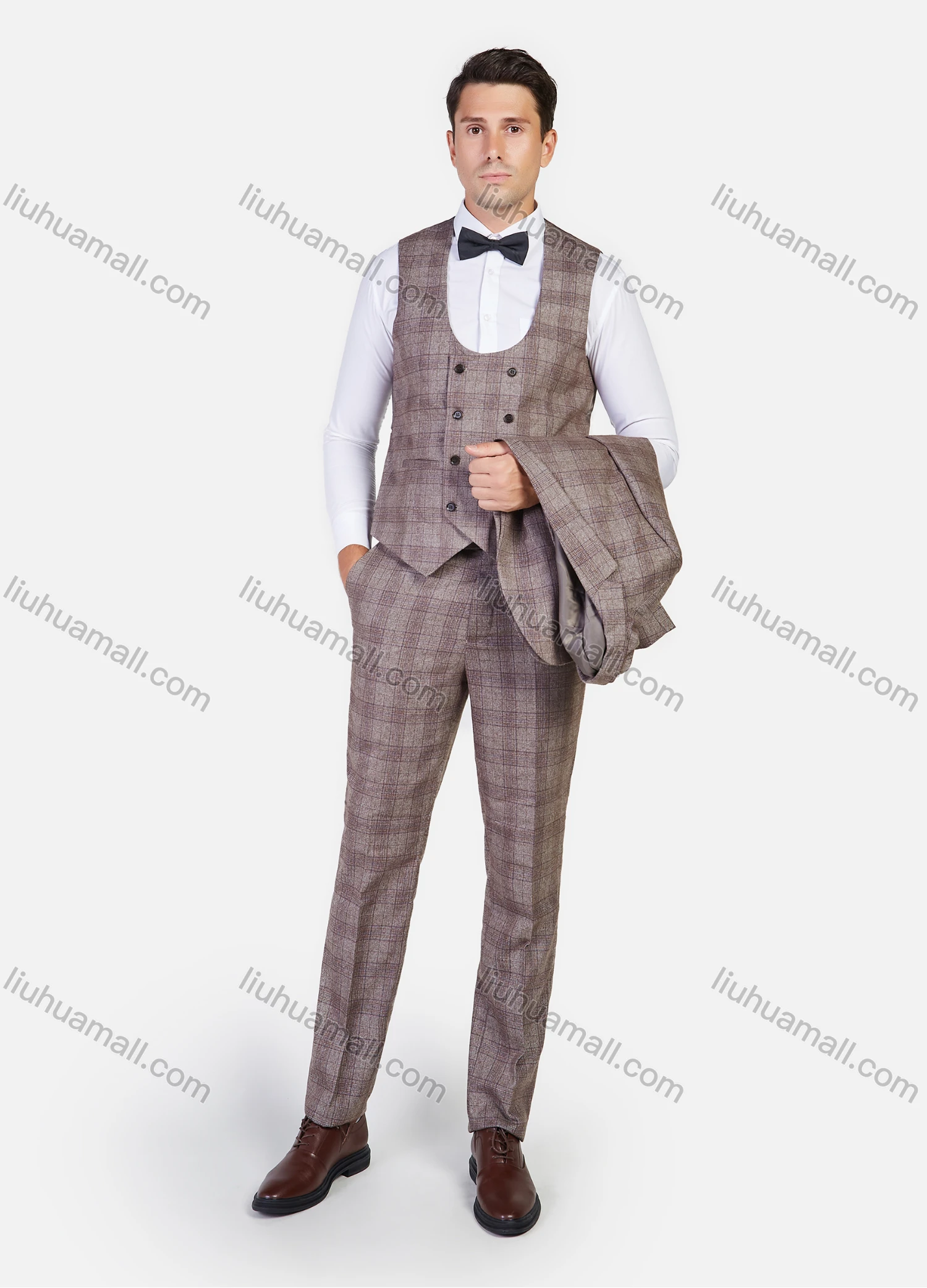 Wholesale Men's Formal Business Plaid Print Slim Fit Lapel Suit Jacket With Waistcoat 3 Piece Set - Liuhuamall