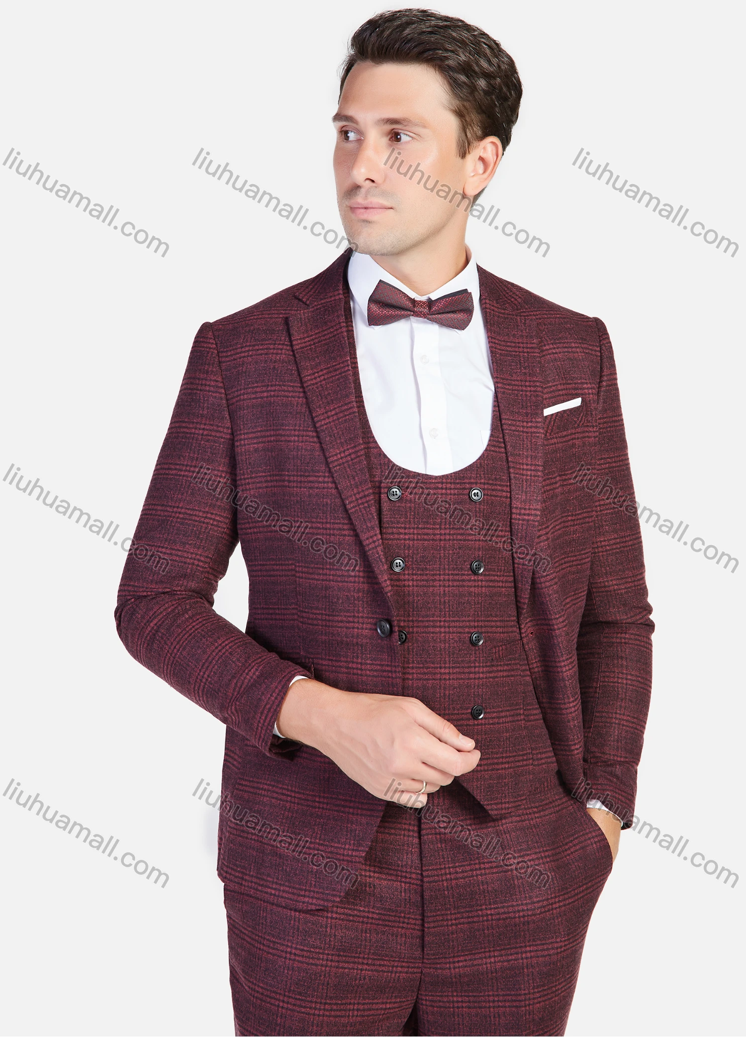 Wholesale Men's Formal Business Plaid Print Slim Fit Lapel Suit Jacket With Waistcoat 3 Piece Set - Liuhuamall