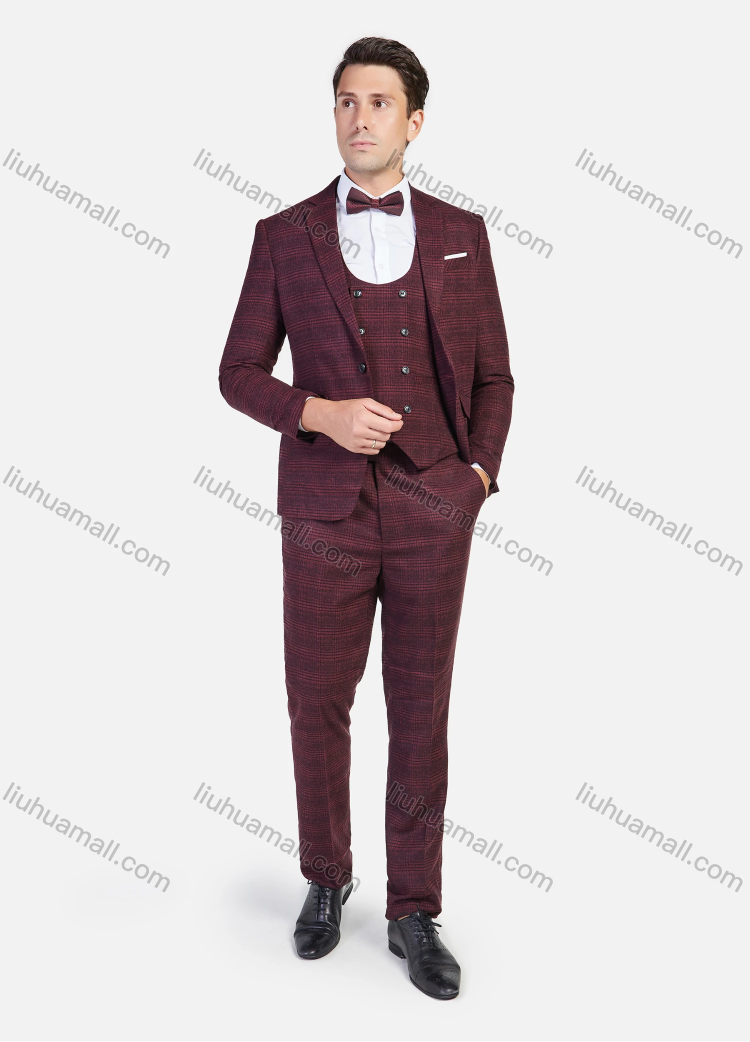 Wholesale Men's Formal Business Plaid Print Slim Fit Lapel Suit Jacket With Waistcoat 3 Piece Set - Liuhuamall