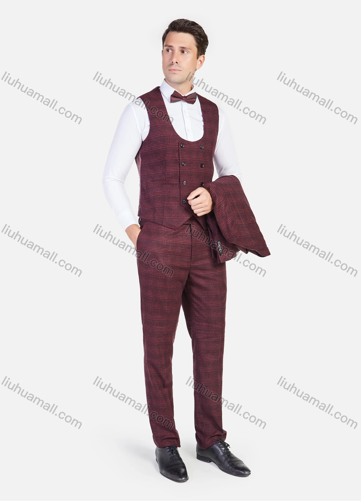 Wholesale Men's Formal Business Plaid Print Slim Fit Lapel Suit Jacket With Waistcoat 3 Piece Set - Liuhuamall