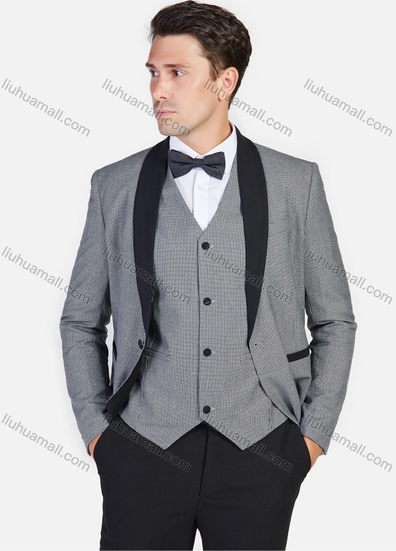 Wholesale Men's Formal Plaid Print Slim Fit Lapel Contrast Color Suit Jacket With Waistcoat 3 Piece Set - Liuhuamall