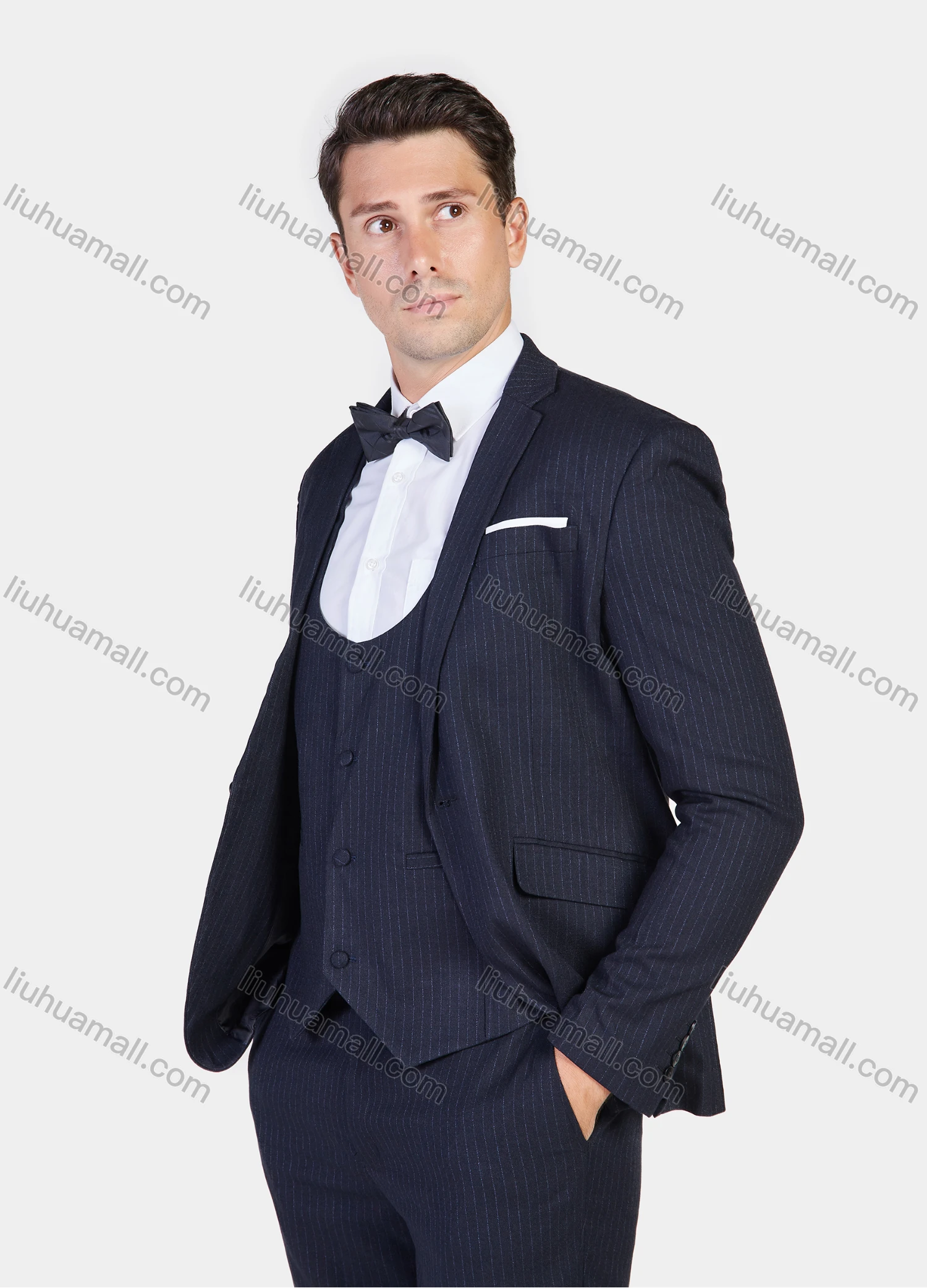 Wholesale Men's Formal Business Striped Print Slim Fit Lapel Suit Jacket With Waistcoat 3 Piece Set - Liuhuamall