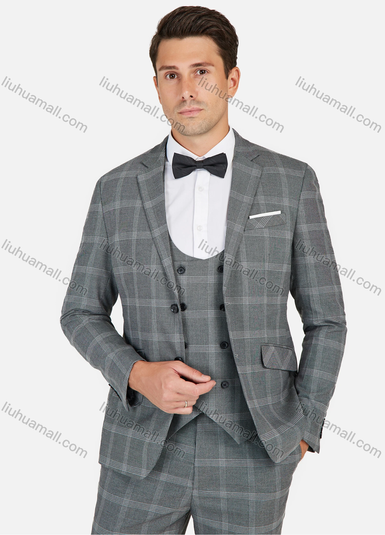 Wholesale Men's Formal Business Plaid Print Slim Fit Lapel Suit Jacket With Waistcoat 3 Piece Set - Liuhuamall