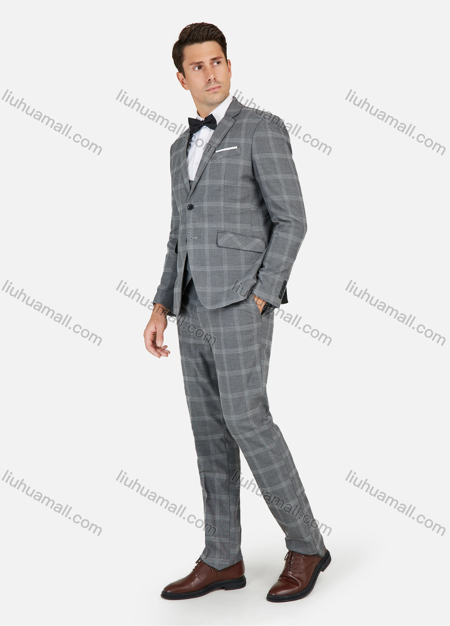 Wholesale Men's Formal Business Plaid Print Slim Fit Lapel Suit Jacket With Waistcoat 3 Piece Set - Liuhuamall