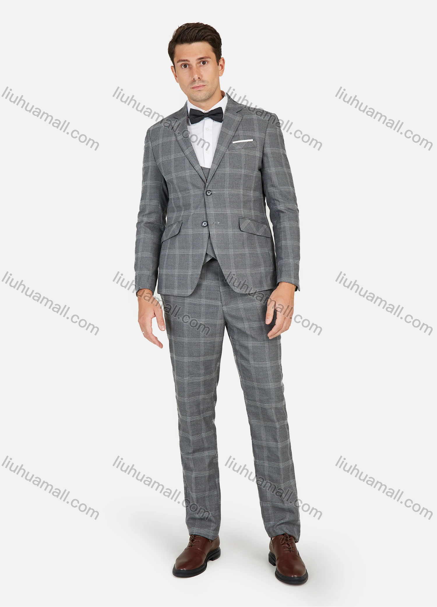 Wholesale Men's Formal Business Plaid Print Slim Fit Lapel Suit Jacket With Waistcoat 3 Piece Set - Liuhuamall