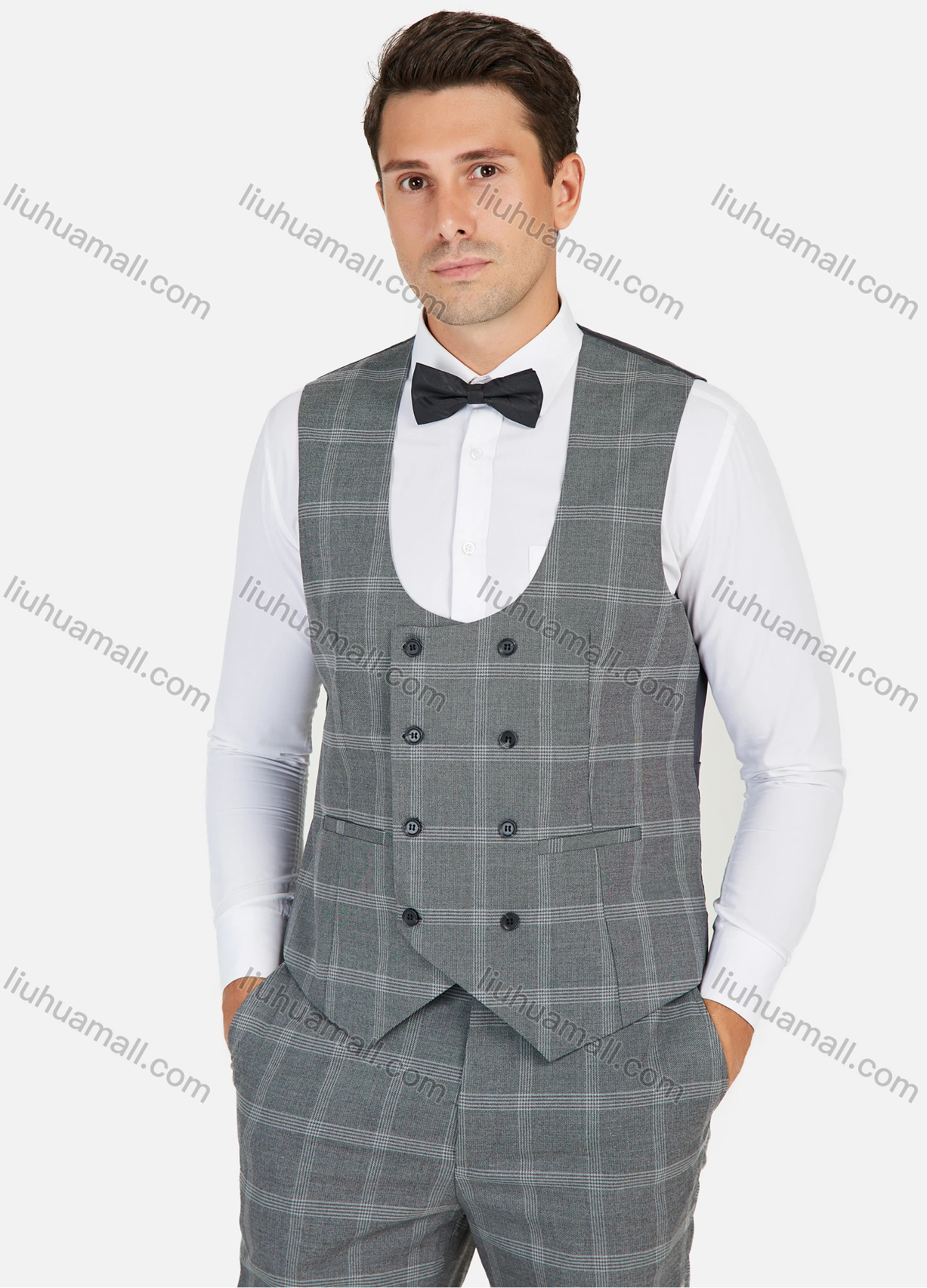 Wholesale Men's Formal Business Plaid Print Slim Fit Lapel Suit Jacket With Waistcoat 3 Piece Set - Liuhuamall