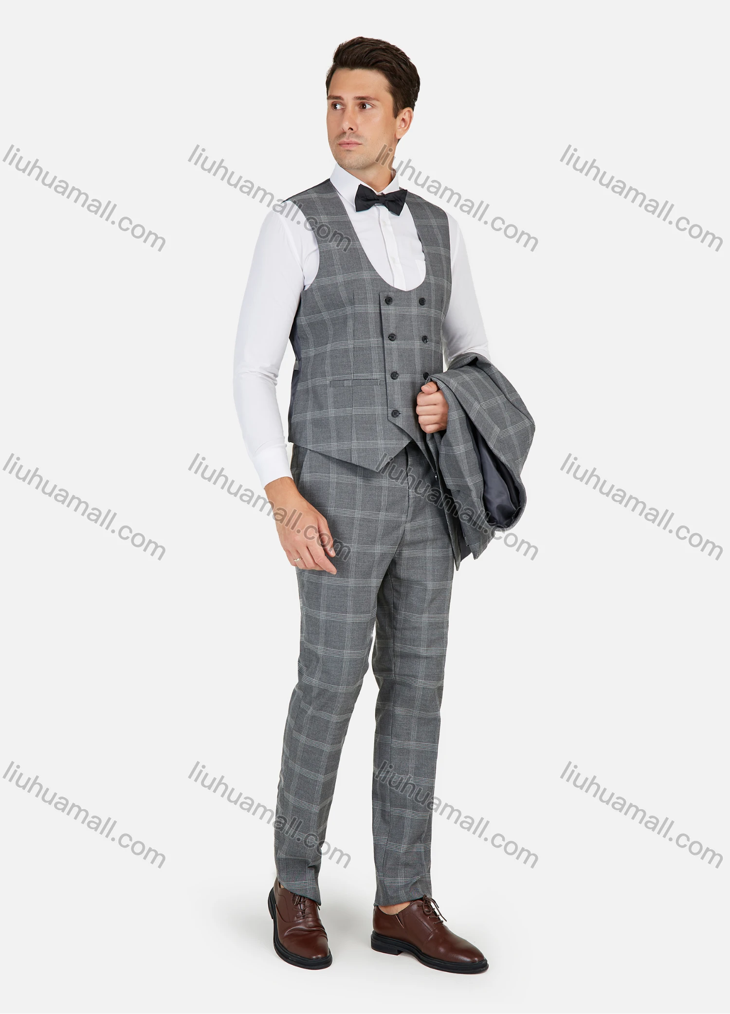Wholesale Men's Formal Business Plaid Print Slim Fit Lapel Suit Jacket With Waistcoat 3 Piece Set - Liuhuamall