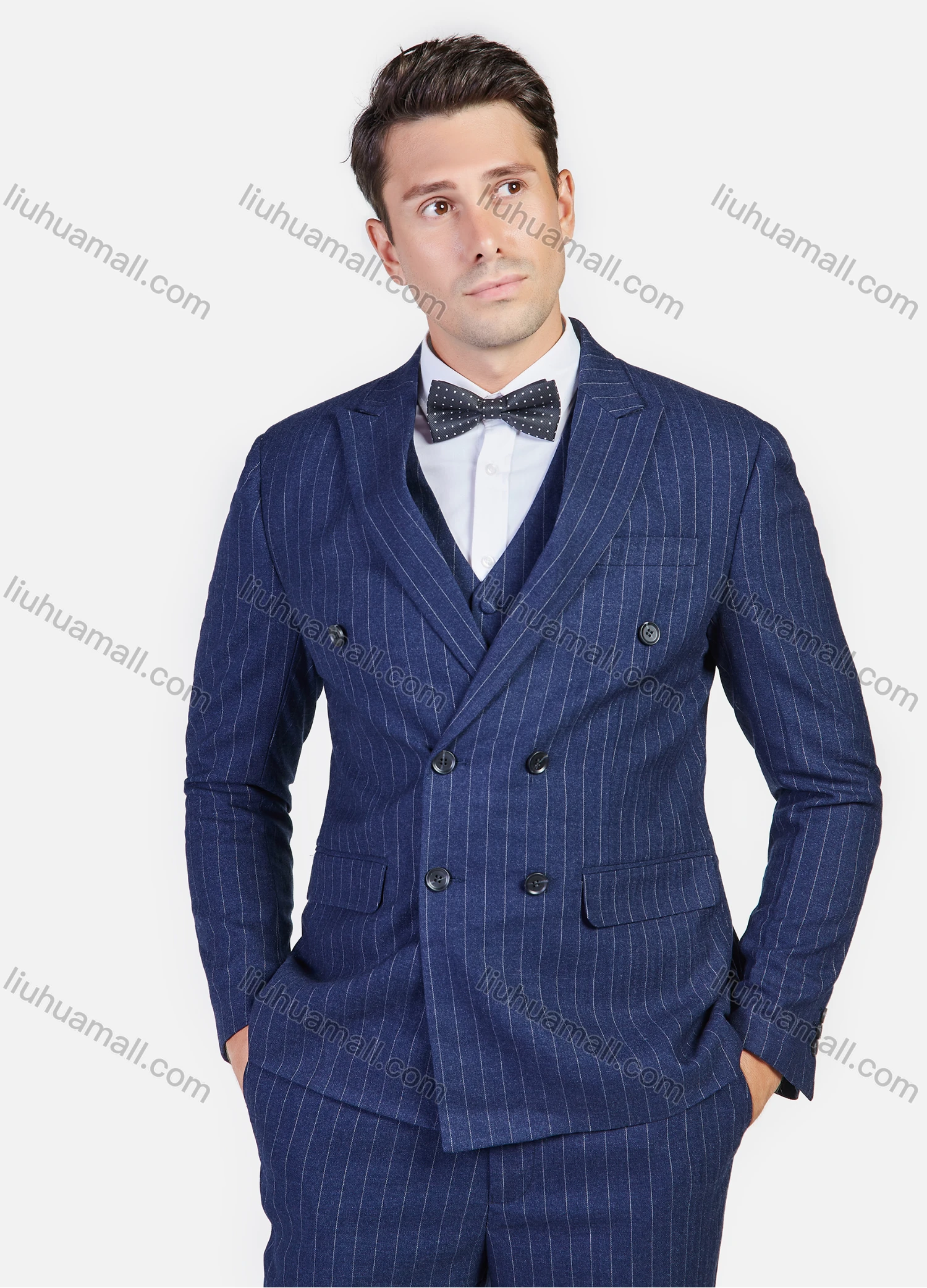 Wholesale Men's Formal Business Striped Print Slim Fit Lapel Double Breasted Suit Jacket With Waistcoat 3 Piece Set - Liuhuamall
