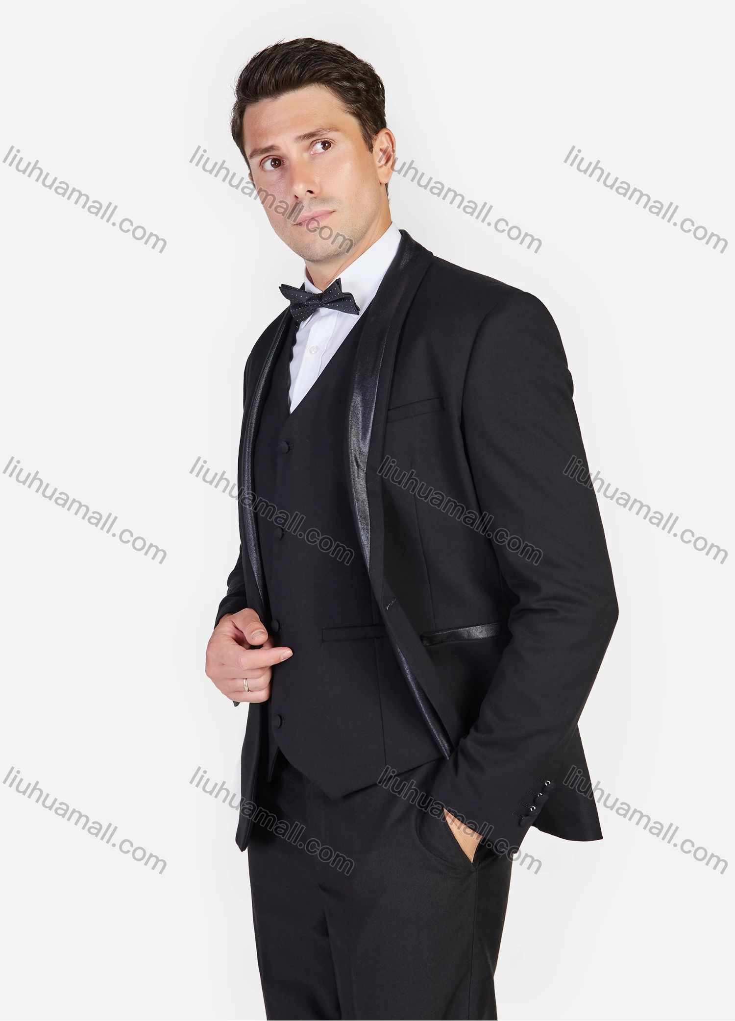 Wholesale Men's Formal Plain Slim Fit Shawl Collar Suit Jacket With Waistcoat 3 Piece Set - Liuhuamall