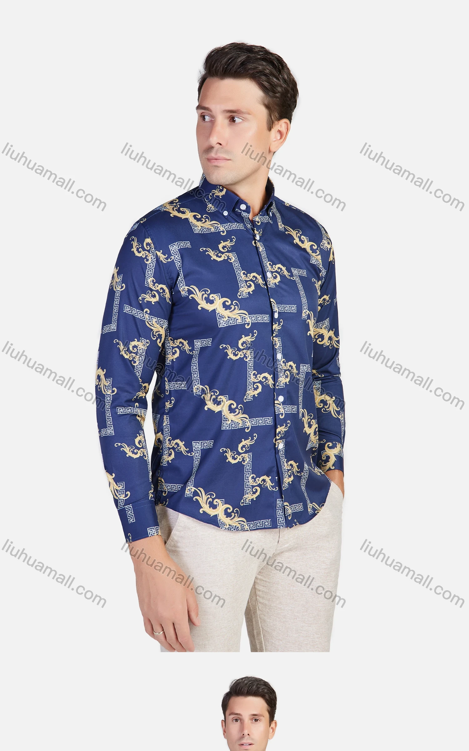 Wholesale Men's Allover Baroque Print Long Sleeve Slim Fit Casual Shirt - Liuhuamall
