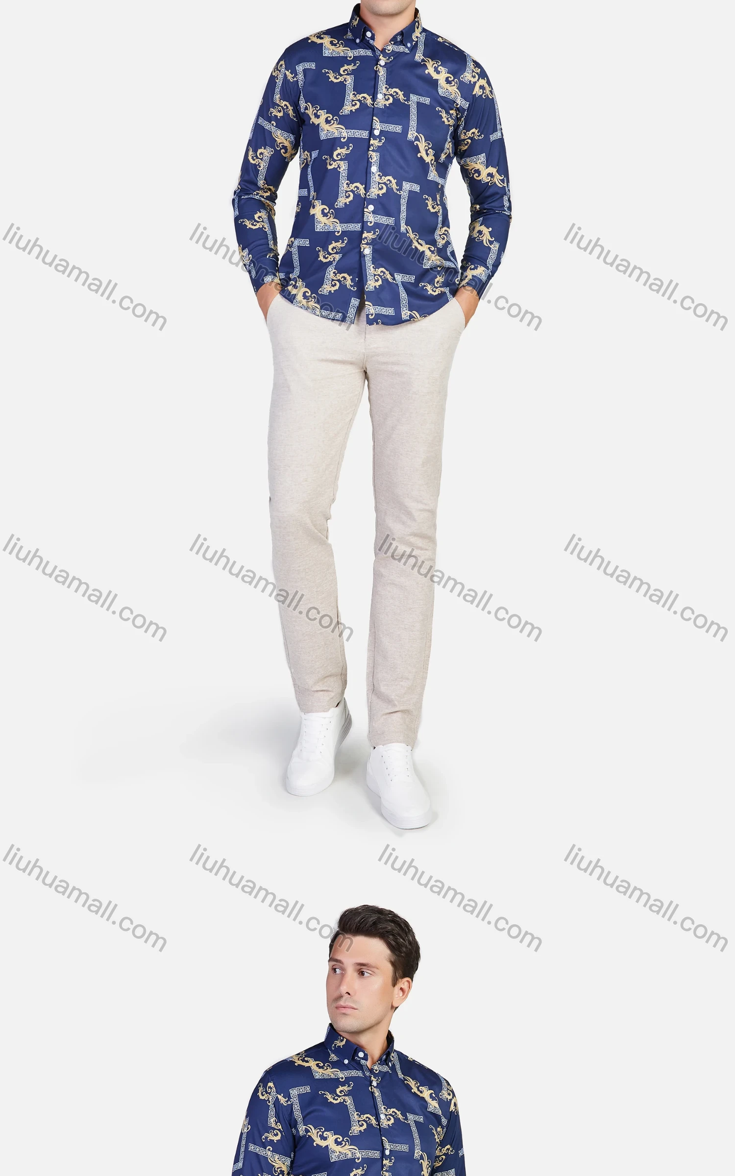 Wholesale Men's Allover Baroque Print Long Sleeve Slim Fit Casual Shirt - Liuhuamall