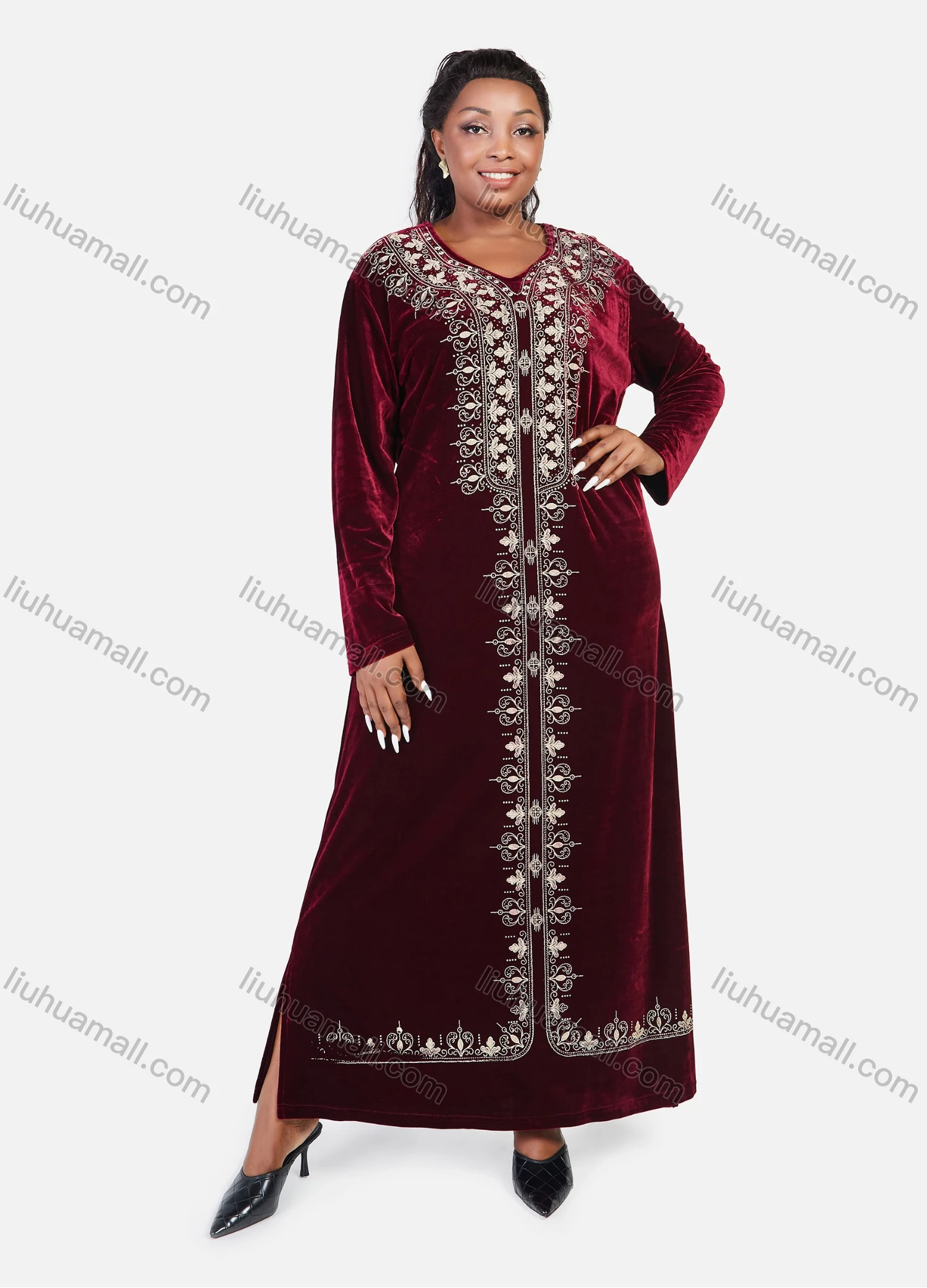 Wholesale Women's African Oversized Floral Modest Velvet Abaya Muslim Embroidery Long Sleeve Maxi Dress - Liuhuamall