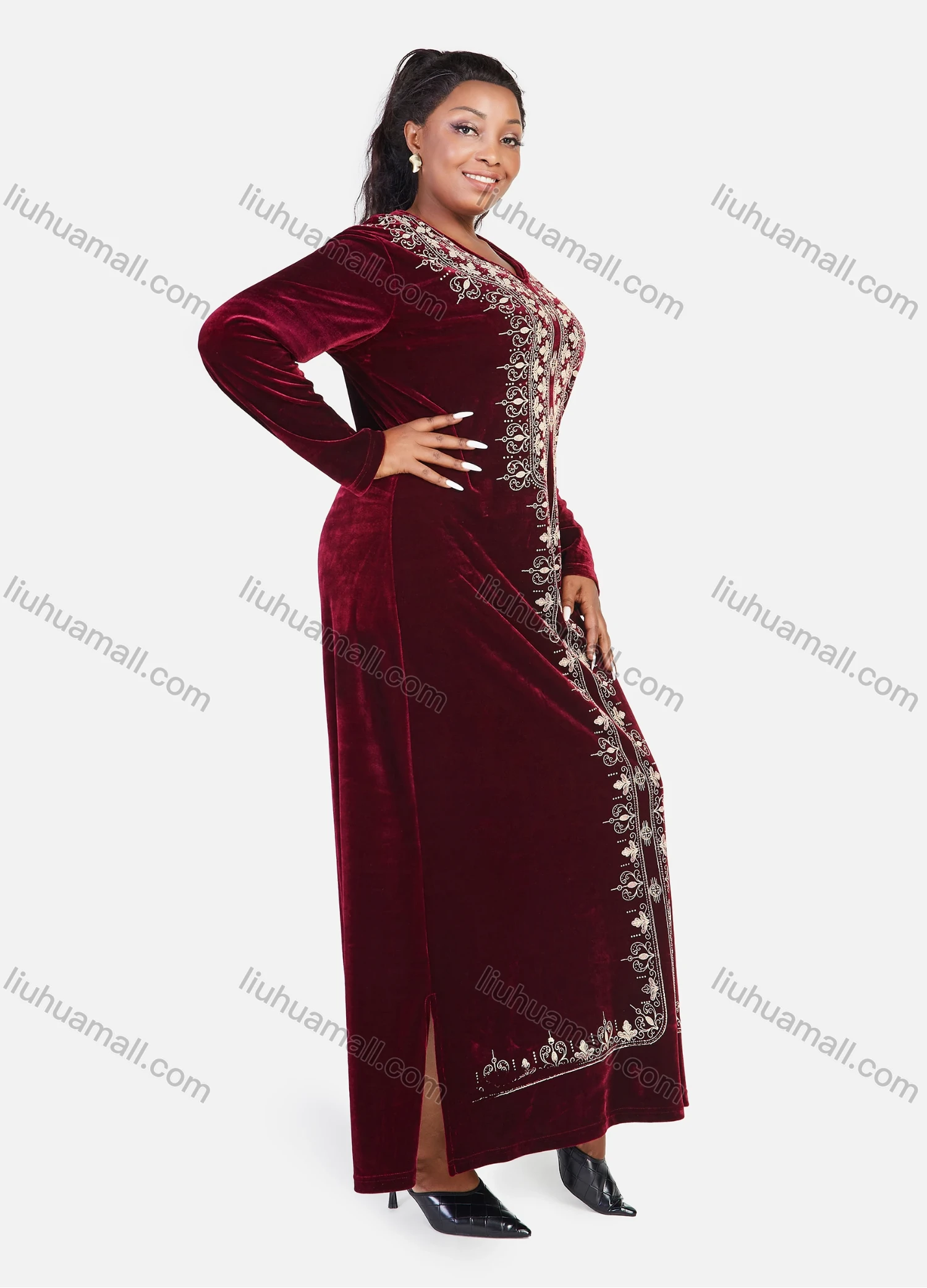 Wholesale Women's African Oversized Floral Modest Velvet Abaya Muslim Embroidery Long Sleeve Maxi Dress - Liuhuamall