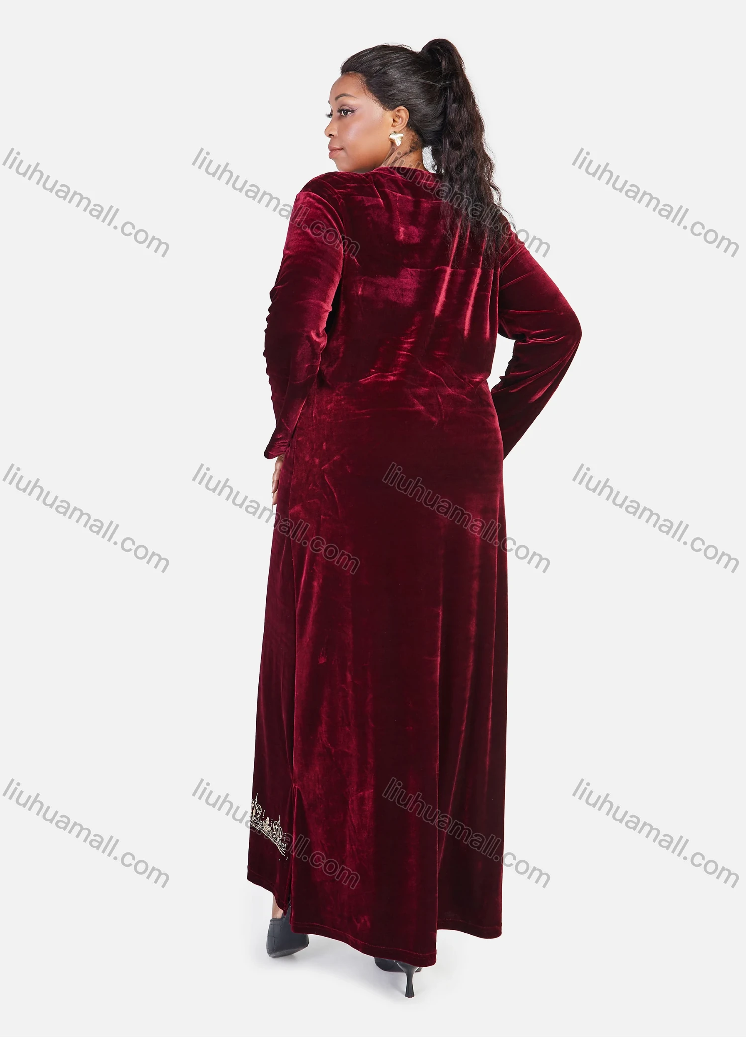 Wholesale Women's African Oversized Floral Modest Velvet Abaya Muslim Embroidery Long Sleeve Maxi Dress - Liuhuamall