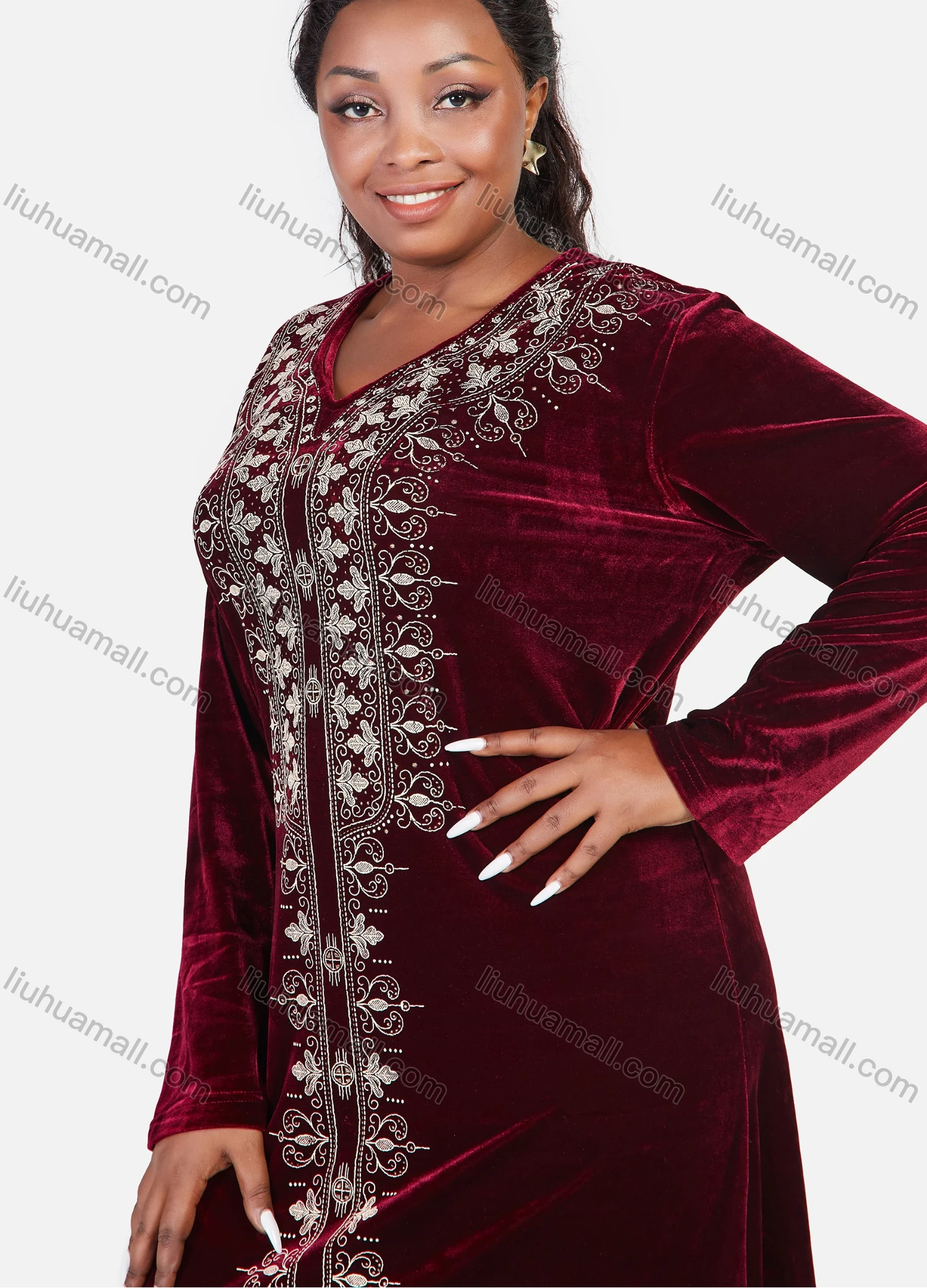 Wholesale Women's African Oversized Floral Modest Velvet Abaya Muslim Embroidery Long Sleeve Maxi Dress - Liuhuamall