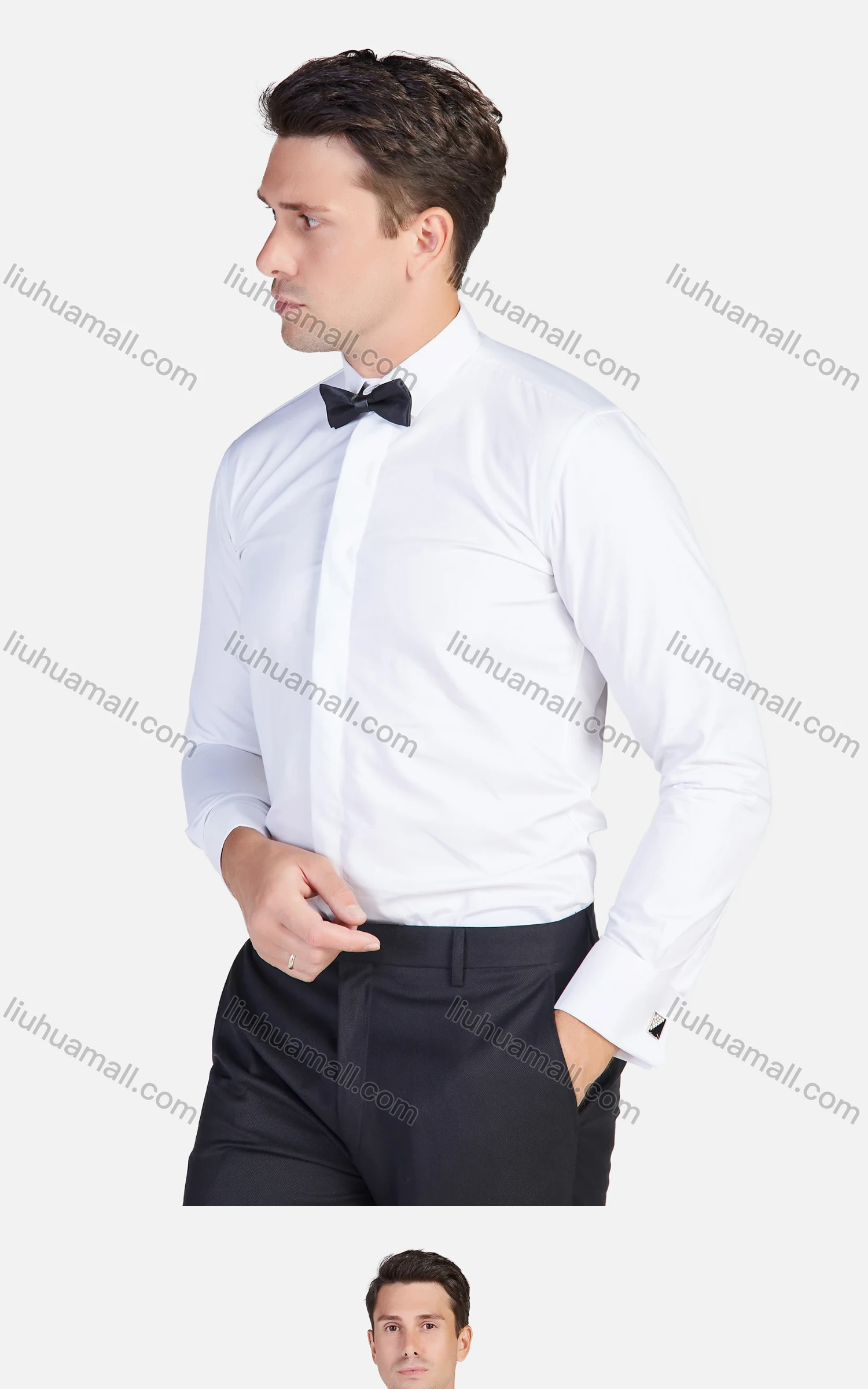 Wholesale Men's Plain Long Sleeve Slim Fit Formal Dress Shirt With Bow Tie - Liuhuamall