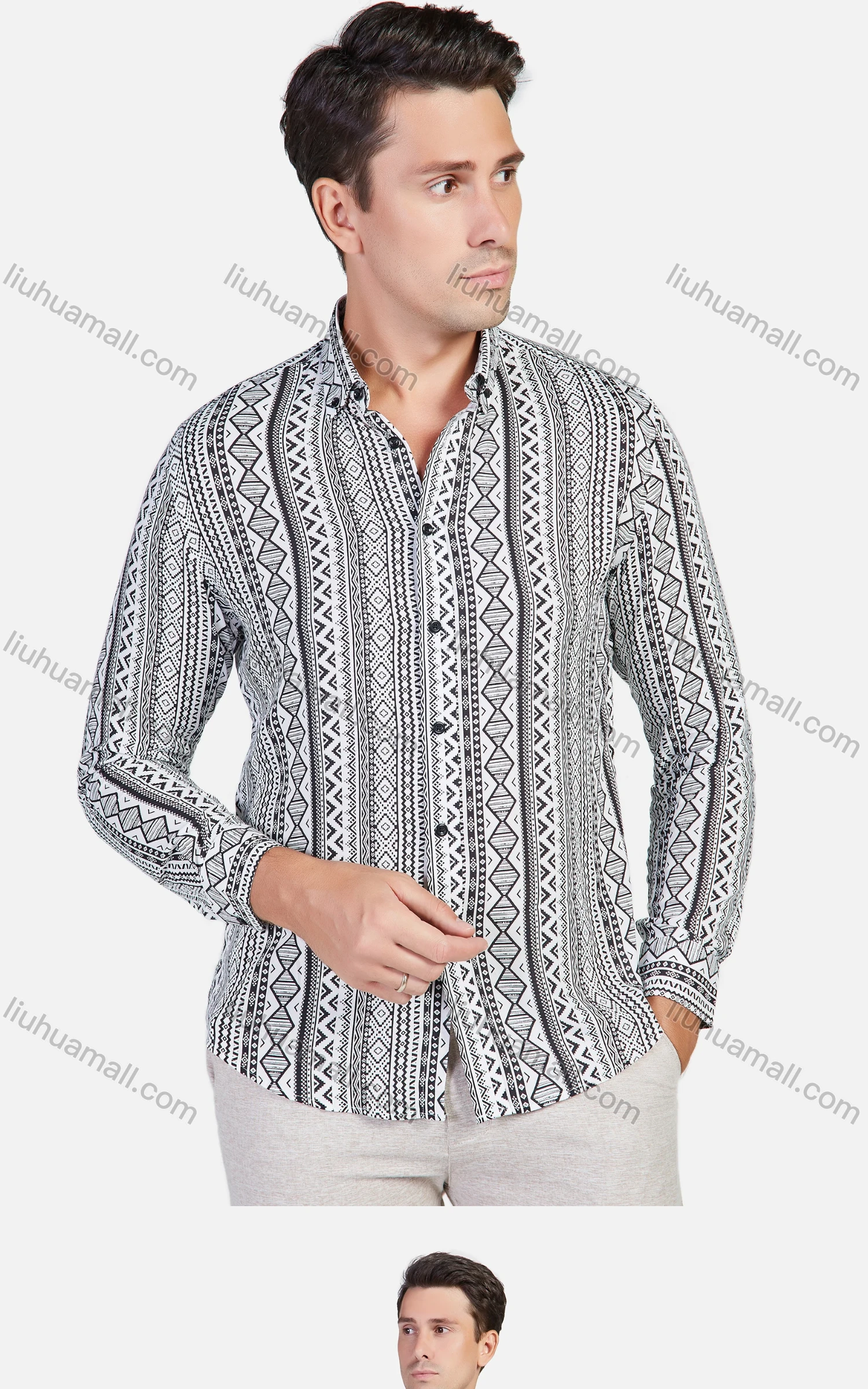 Wholesale Men's Allover Geometric Print Long Sleeve Button Front Slim Fit Shirt - Liuhuamall