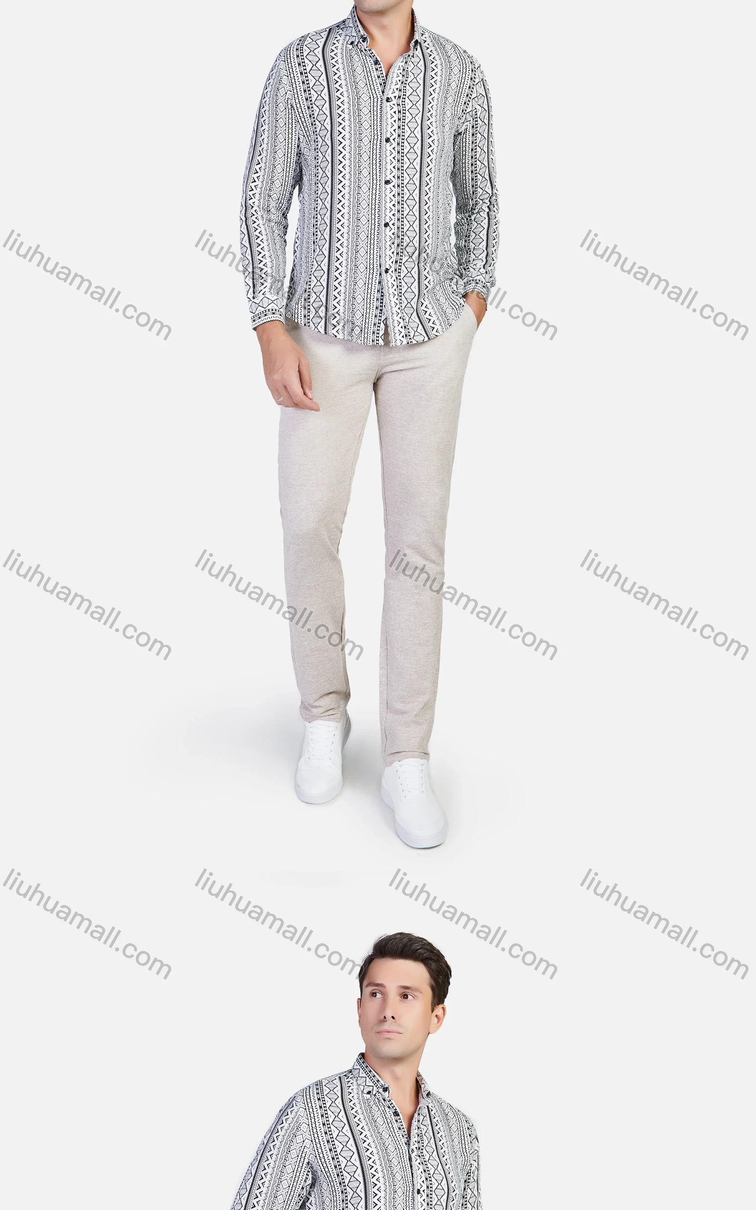 Wholesale Men's Allover Geometric Print Long Sleeve Button Front Slim Fit Shirt - Liuhuamall