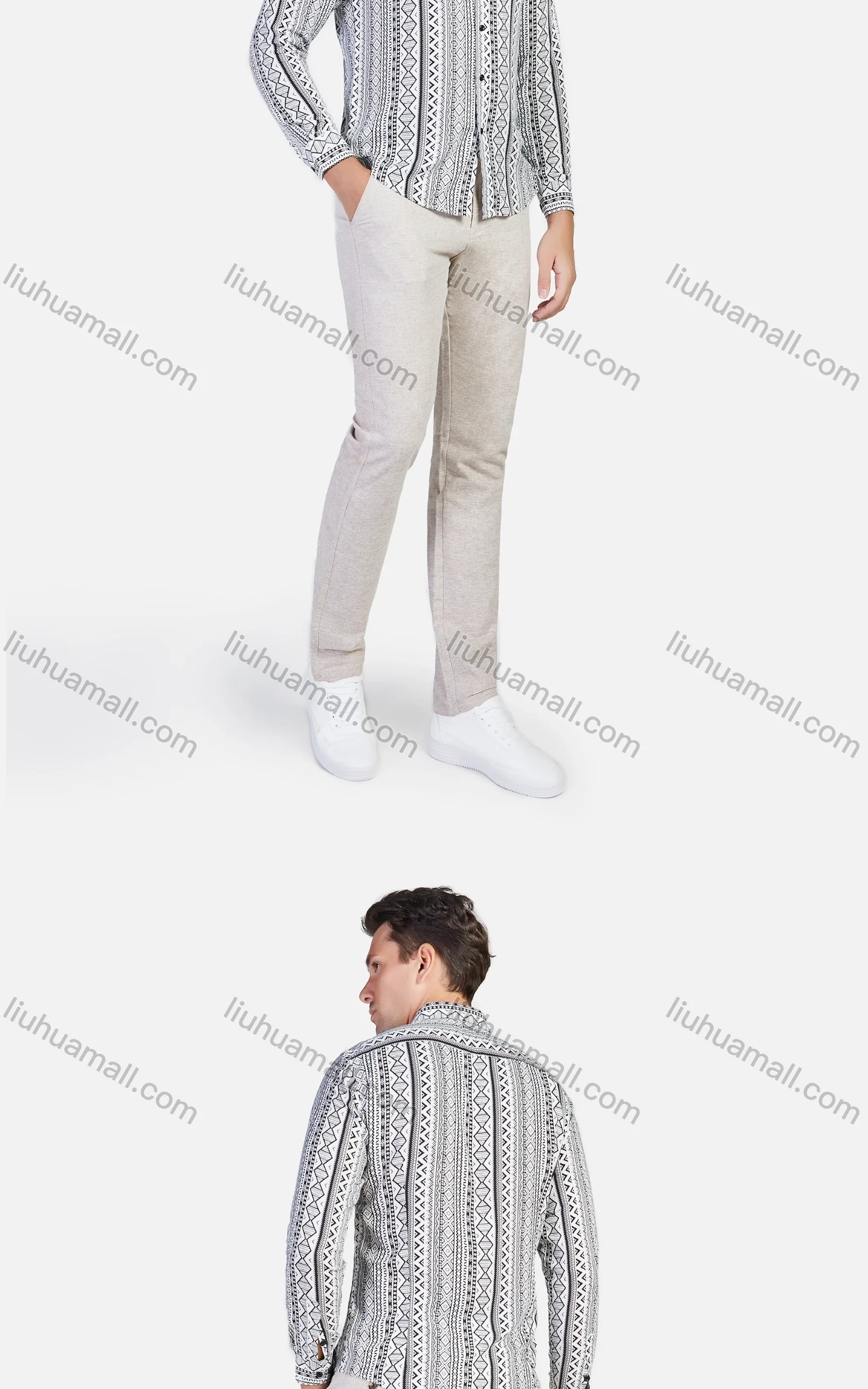 Wholesale Men's Allover Geometric Print Long Sleeve Button Front Slim Fit Shirt - Liuhuamall