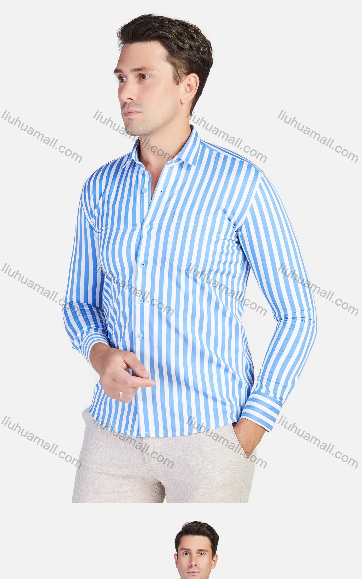 Wholesale Men's 100% Cotton Long Sleeve Striped Slim Fit Casual Shirt - Liuhuamall