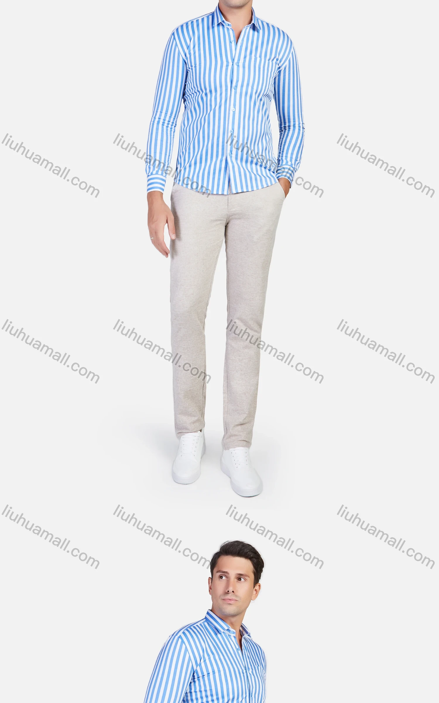 Wholesale Men's 100% Cotton Long Sleeve Striped Slim Fit Casual Shirt - Liuhuamall