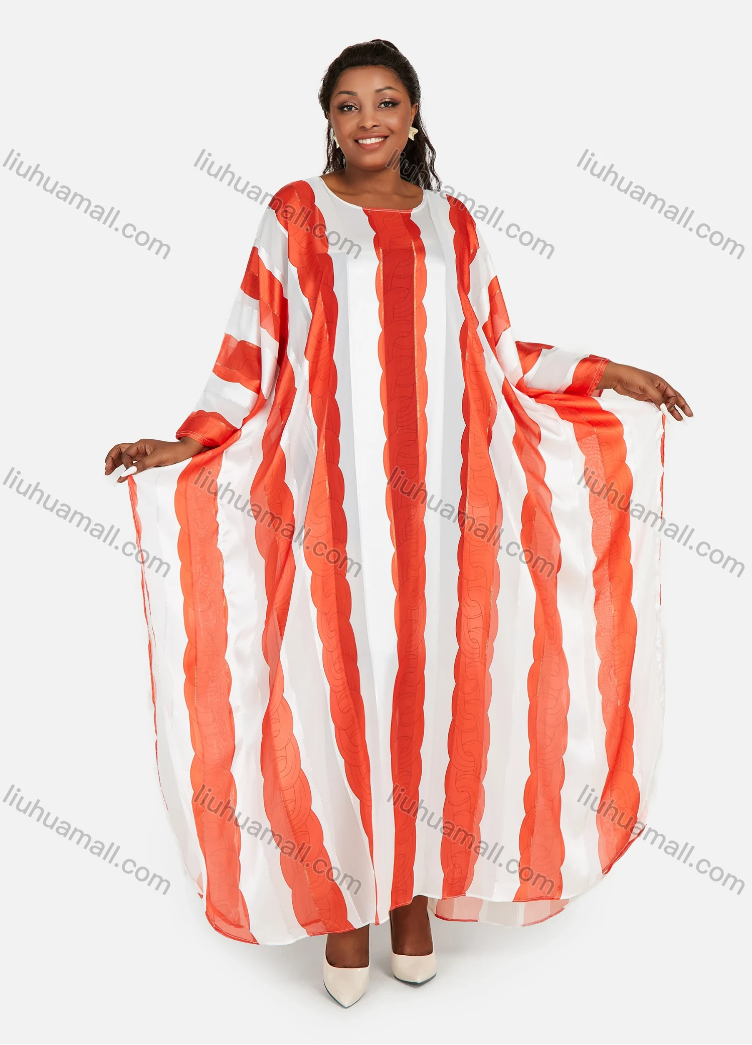 Wholesale Women's African Plus Size Chiffon Maxi Striped Colorblock Batwing Round Neck Kaftan Dress - Liuhuamall