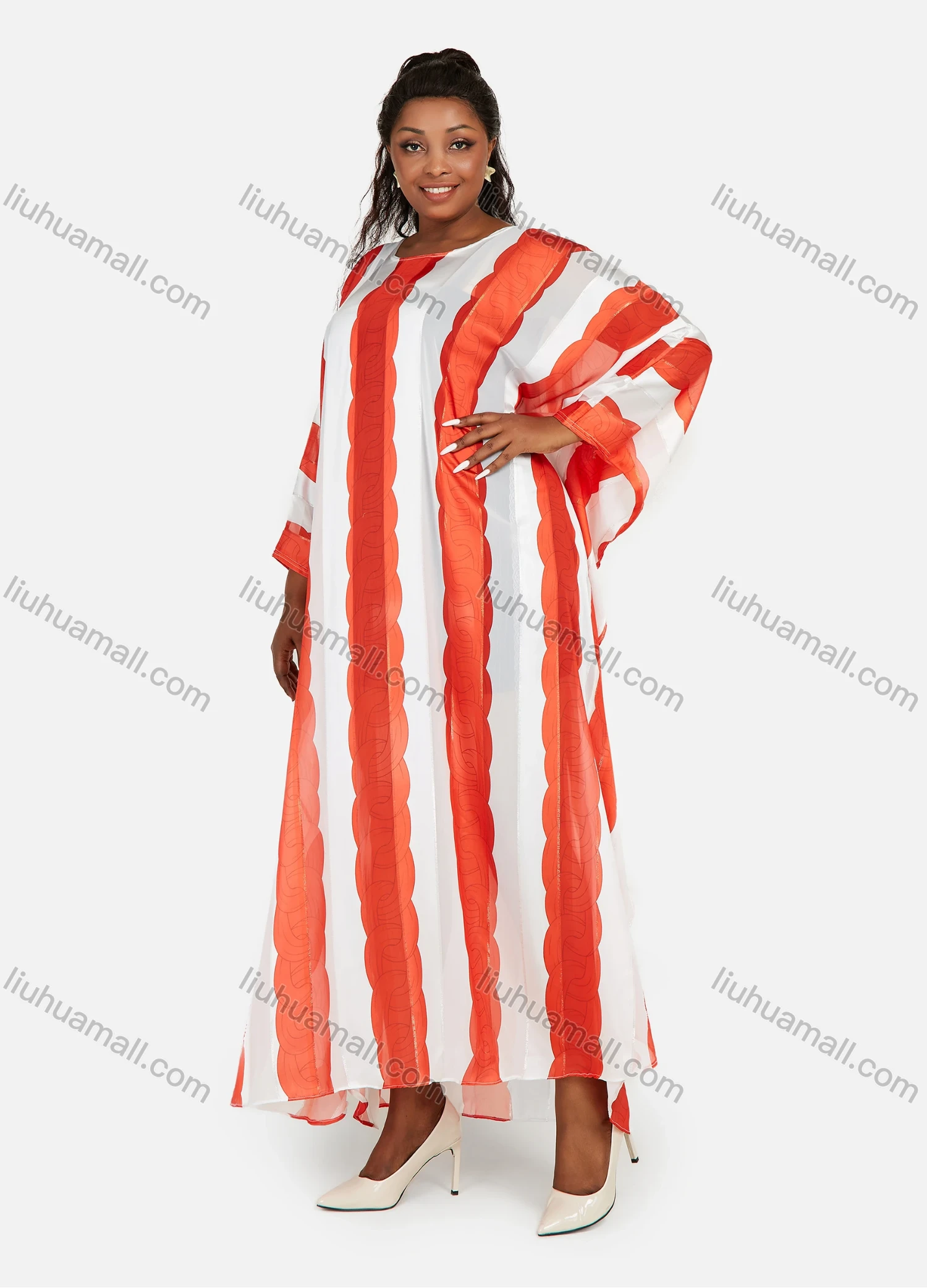 Wholesale Women's African Plus Size Chiffon Maxi Striped Colorblock Batwing Round Neck Kaftan Dress - Liuhuamall