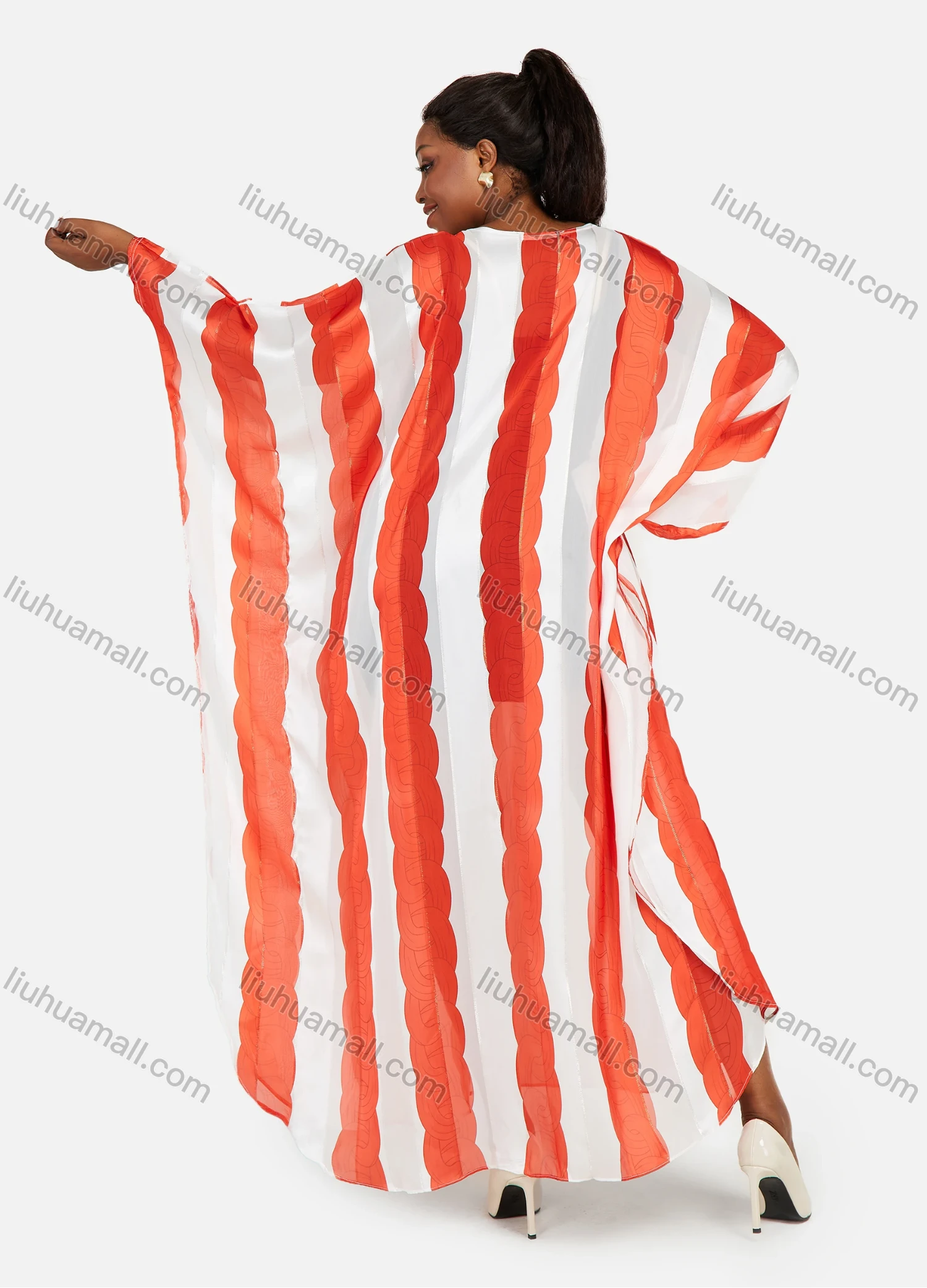 Wholesale Women's African Plus Size Chiffon Maxi Striped Colorblock Batwing Round Neck Kaftan Dress - Liuhuamall