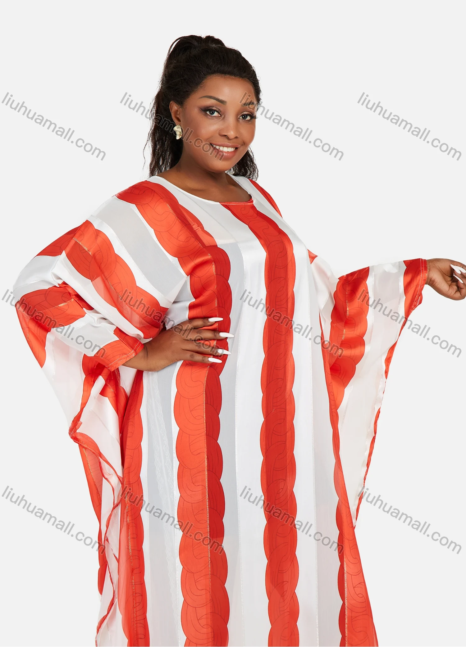 Wholesale Women's African Plus Size Chiffon Maxi Striped Colorblock Batwing Round Neck Kaftan Dress - Liuhuamall