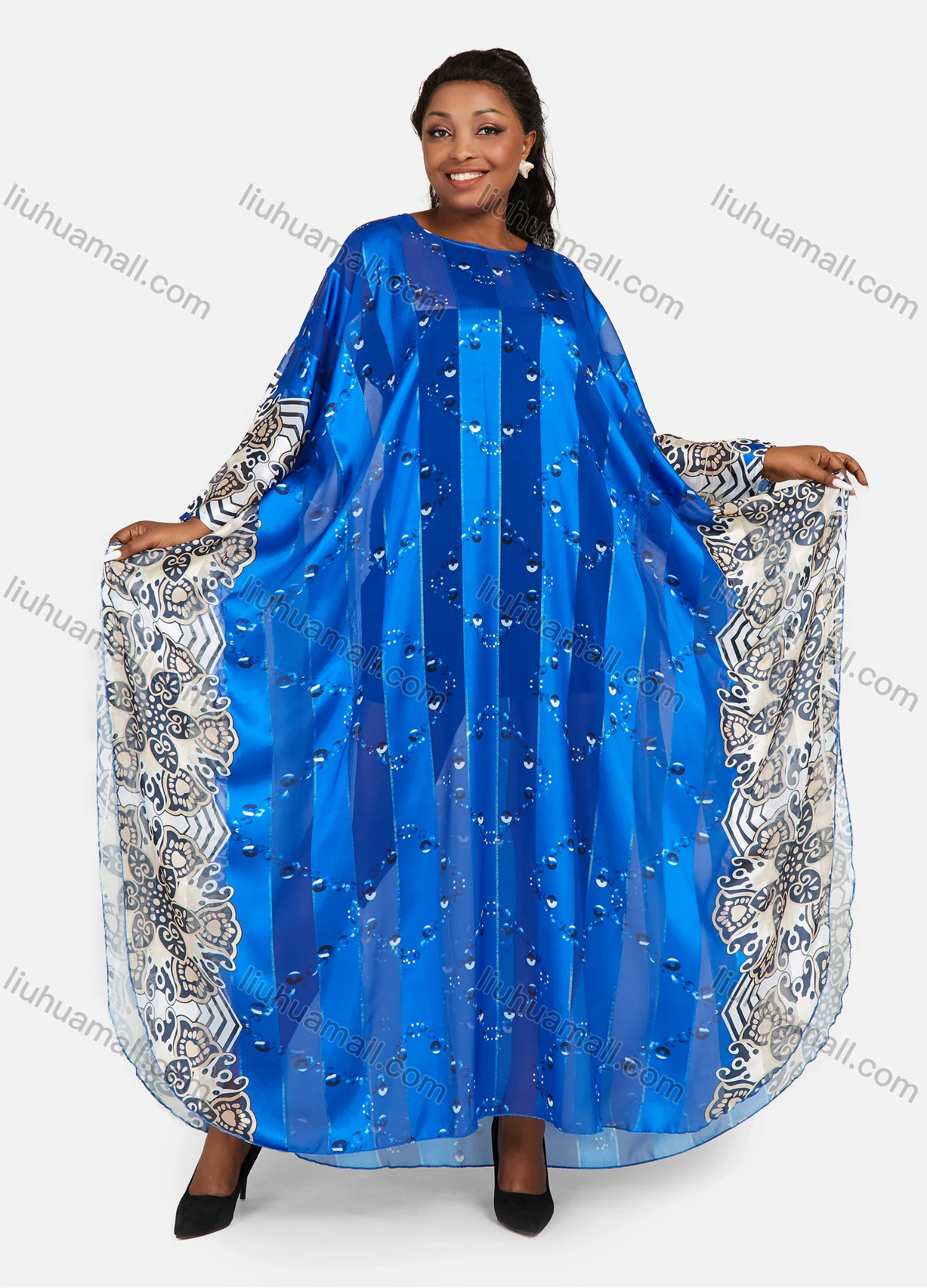 Wholesale Women's African Glamorous Chiffon Oversized Batwing Floral Print Maxi Kaftan Dress - Liuhuamall