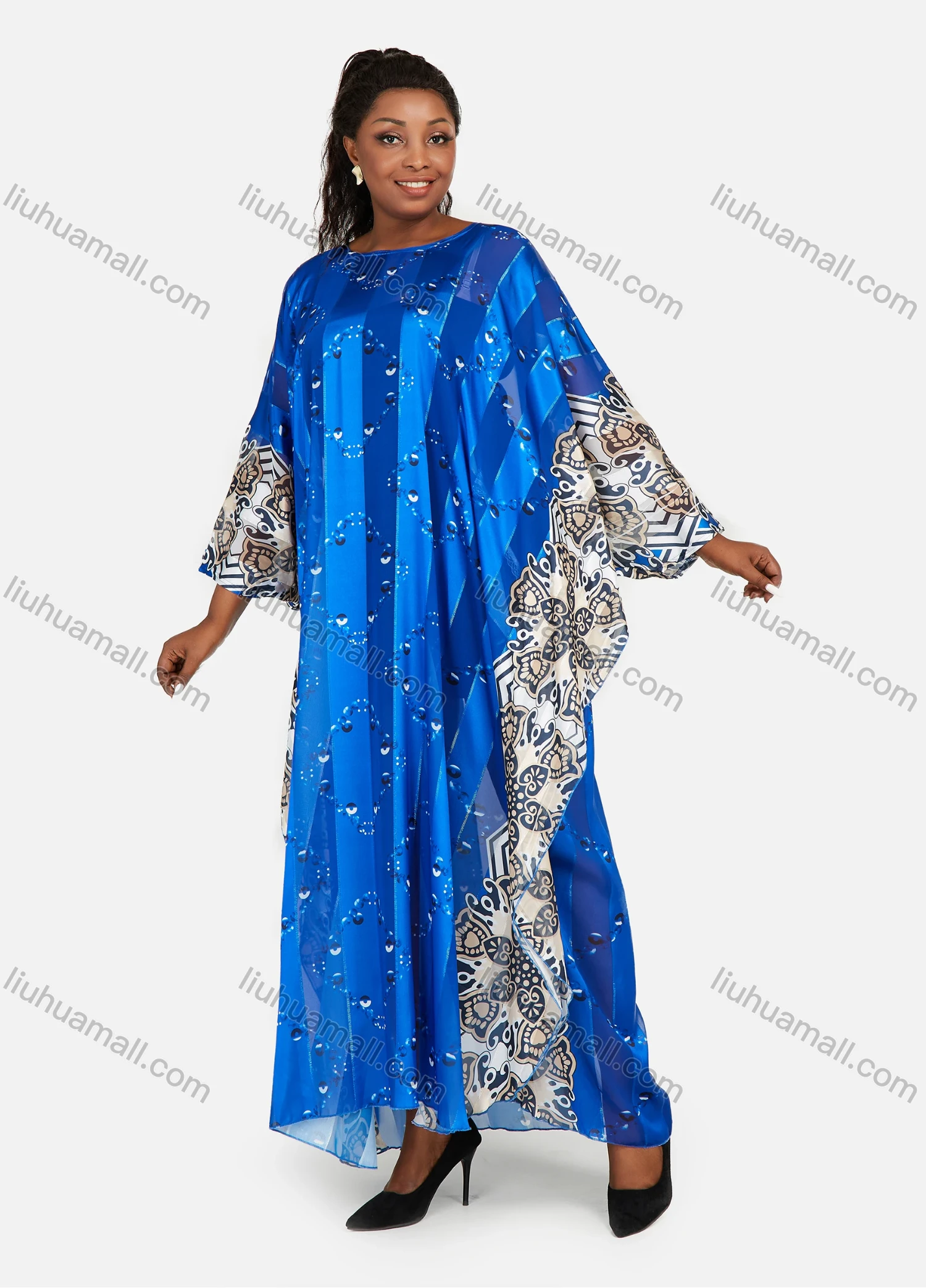 Wholesale Women's African Glamorous Chiffon Oversized Batwing Floral Print Maxi Kaftan Dress - Liuhuamall
