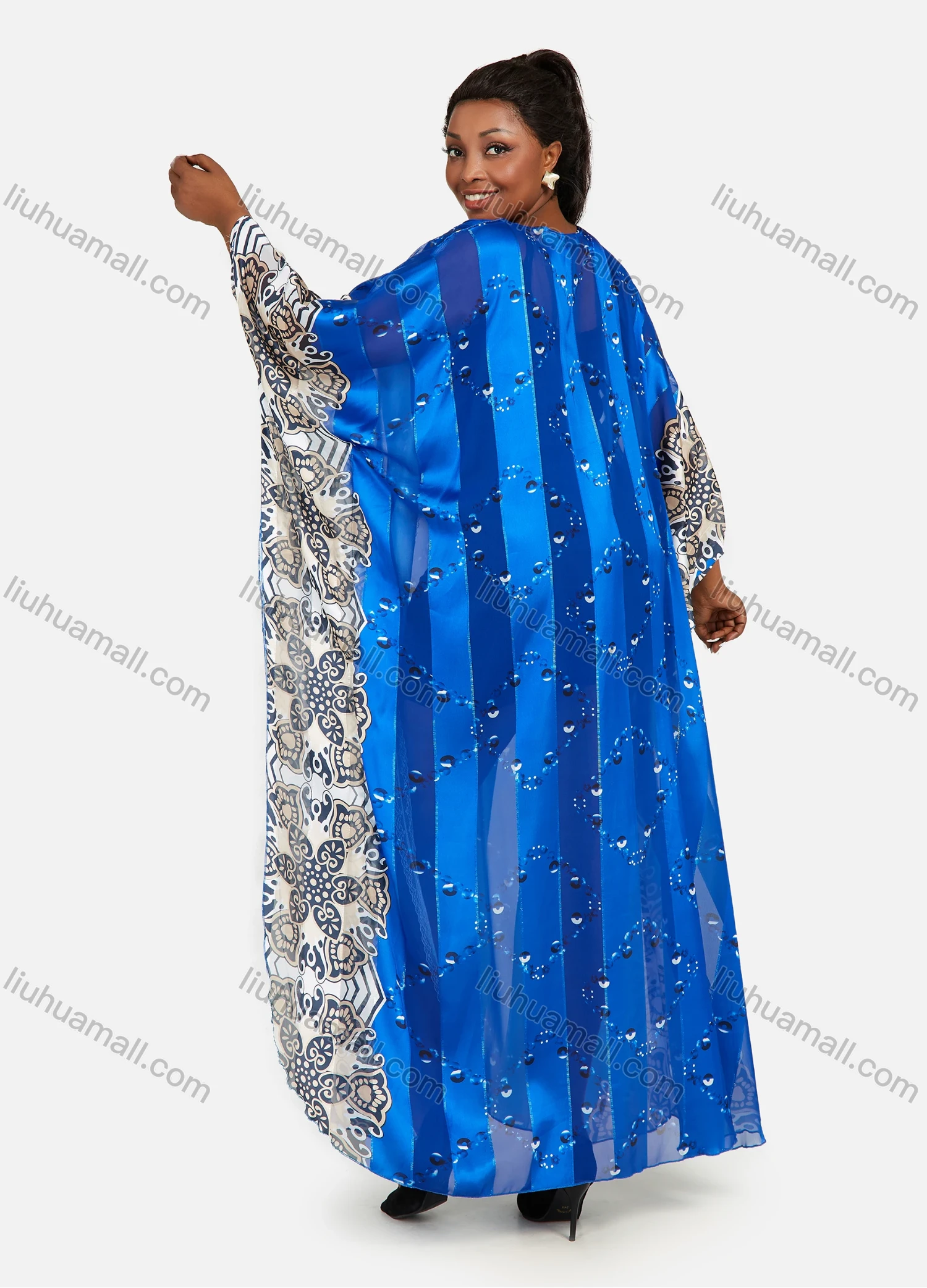 Wholesale Women's African Glamorous Chiffon Oversized Batwing Floral Print Maxi Kaftan Dress - Liuhuamall