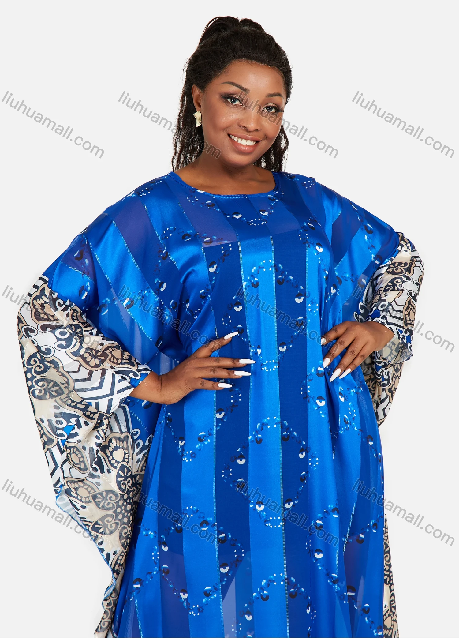 Wholesale Women's African Glamorous Chiffon Oversized Batwing Floral Print Maxi Kaftan Dress - Liuhuamall
