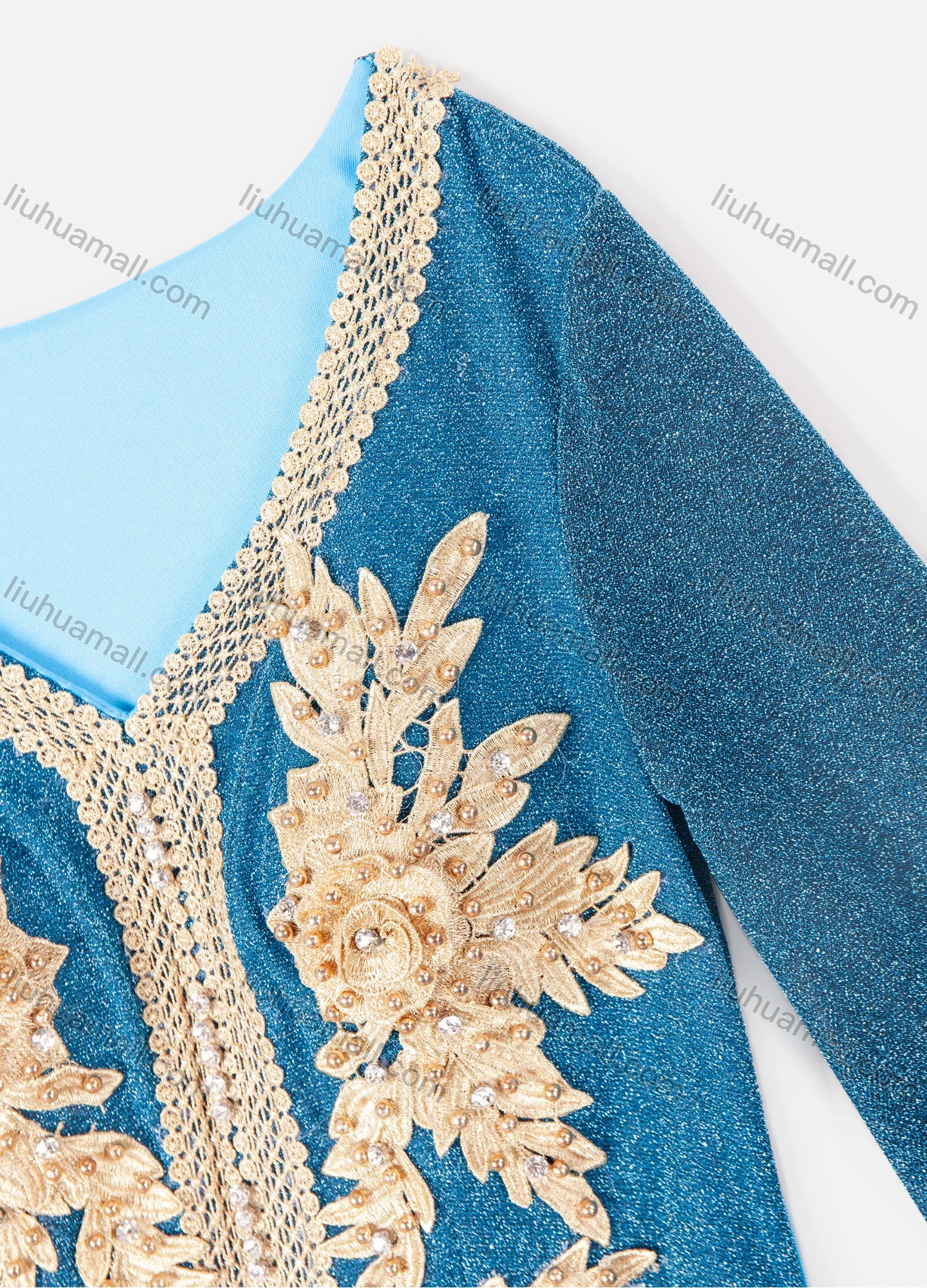 Wholesale Women's Elegant Peral Rhinestone 3D Embroidery Foral V Neck Floor Length Evening Dress - Liuhuamall