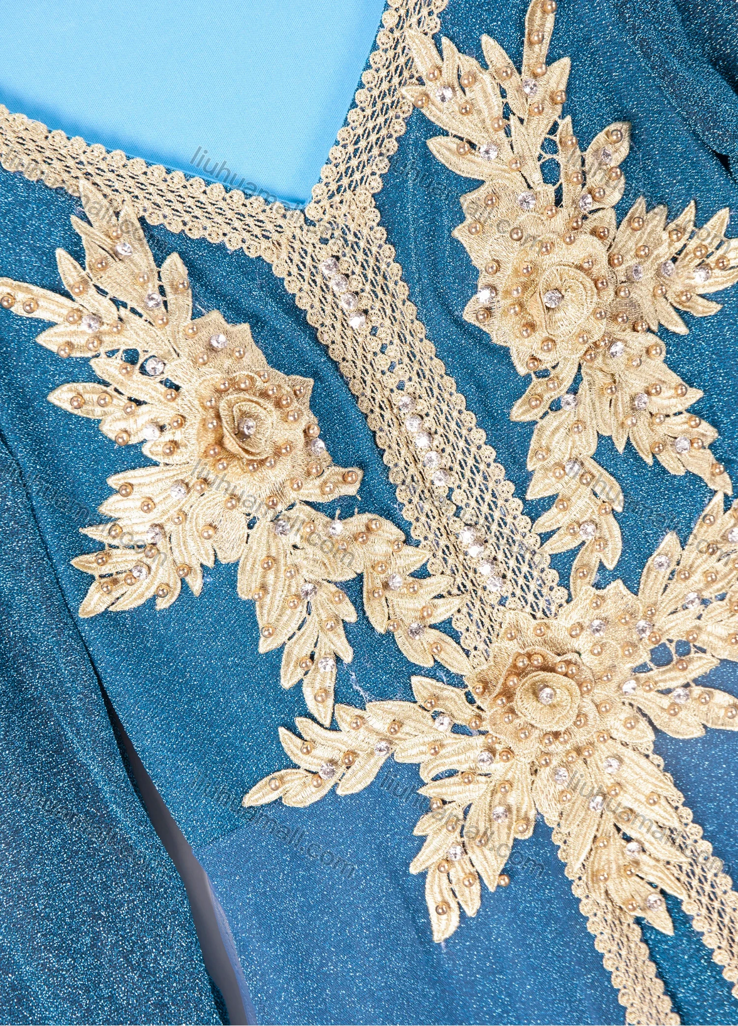 Wholesale Women's Elegant Peral Rhinestone 3D Embroidery Foral V Neck Floor Length Evening Dress - Liuhuamall