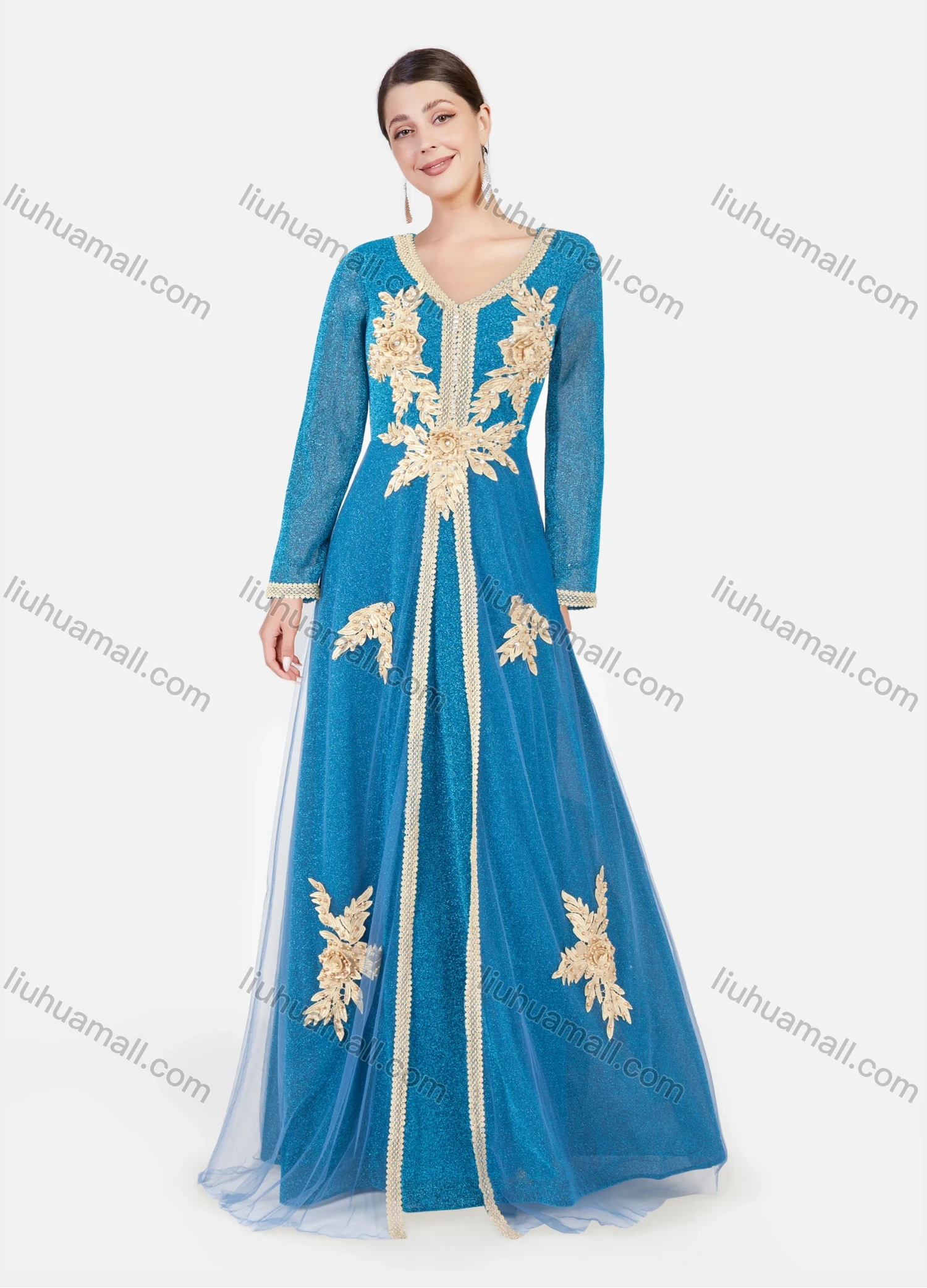 Wholesale Women's Elegant Peral Rhinestone 3D Embroidery Foral V Neck Floor Length Evening Dress - Liuhuamall