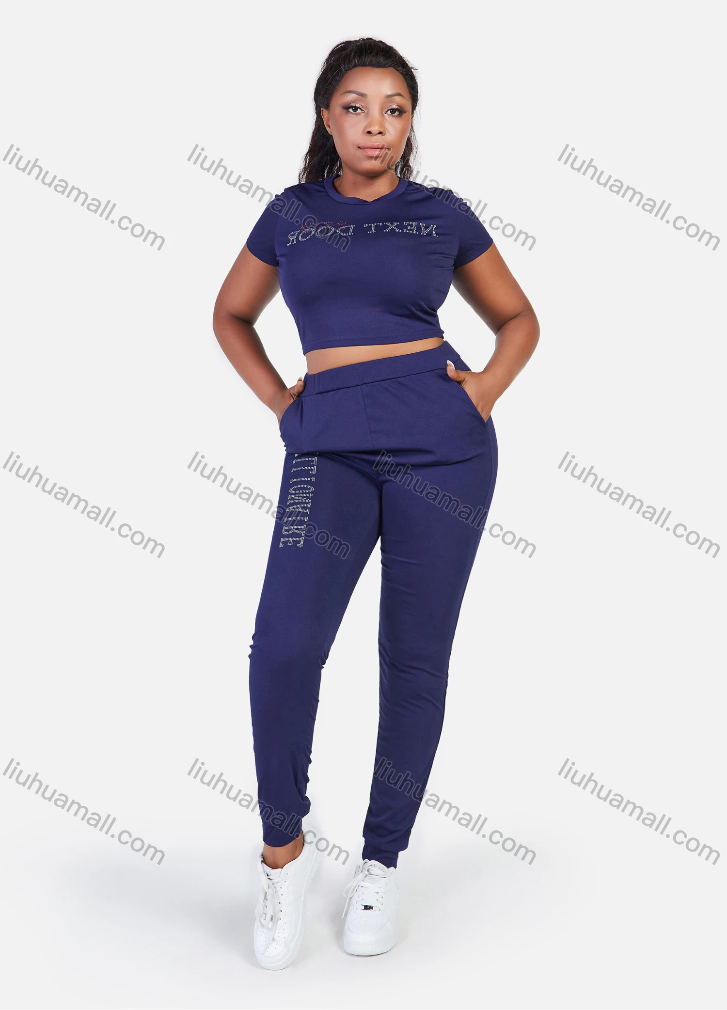 Wholesale Women's Summer Gym Training Sport Crop Top Letter Prints Slim Fit Plants Set - Liuhuamall