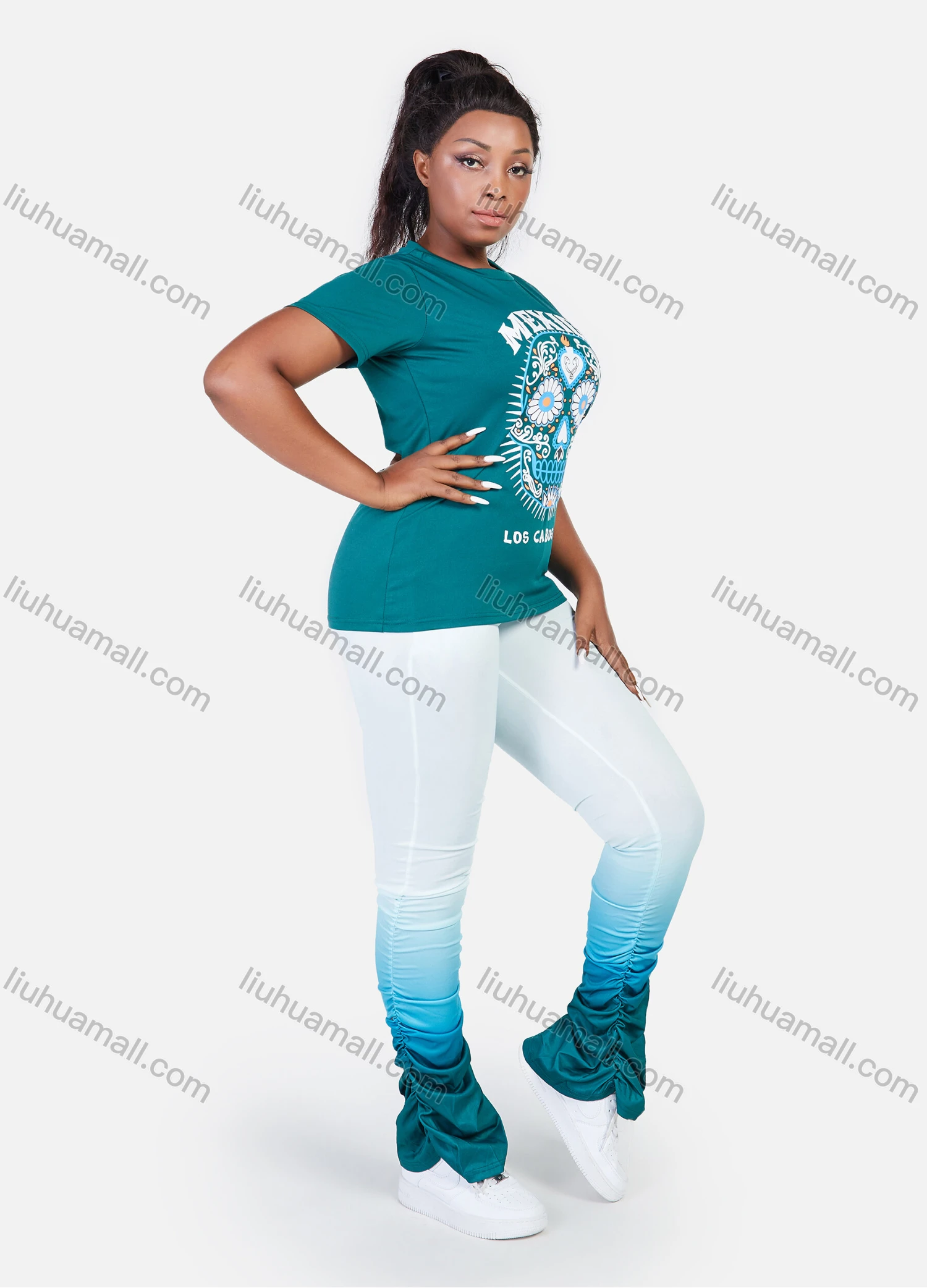 Wholesale Women's Graphic Slogan Print Short Sleeve Tee&Slim Fit Pants Ruched Gradient Set - Liuhuamall