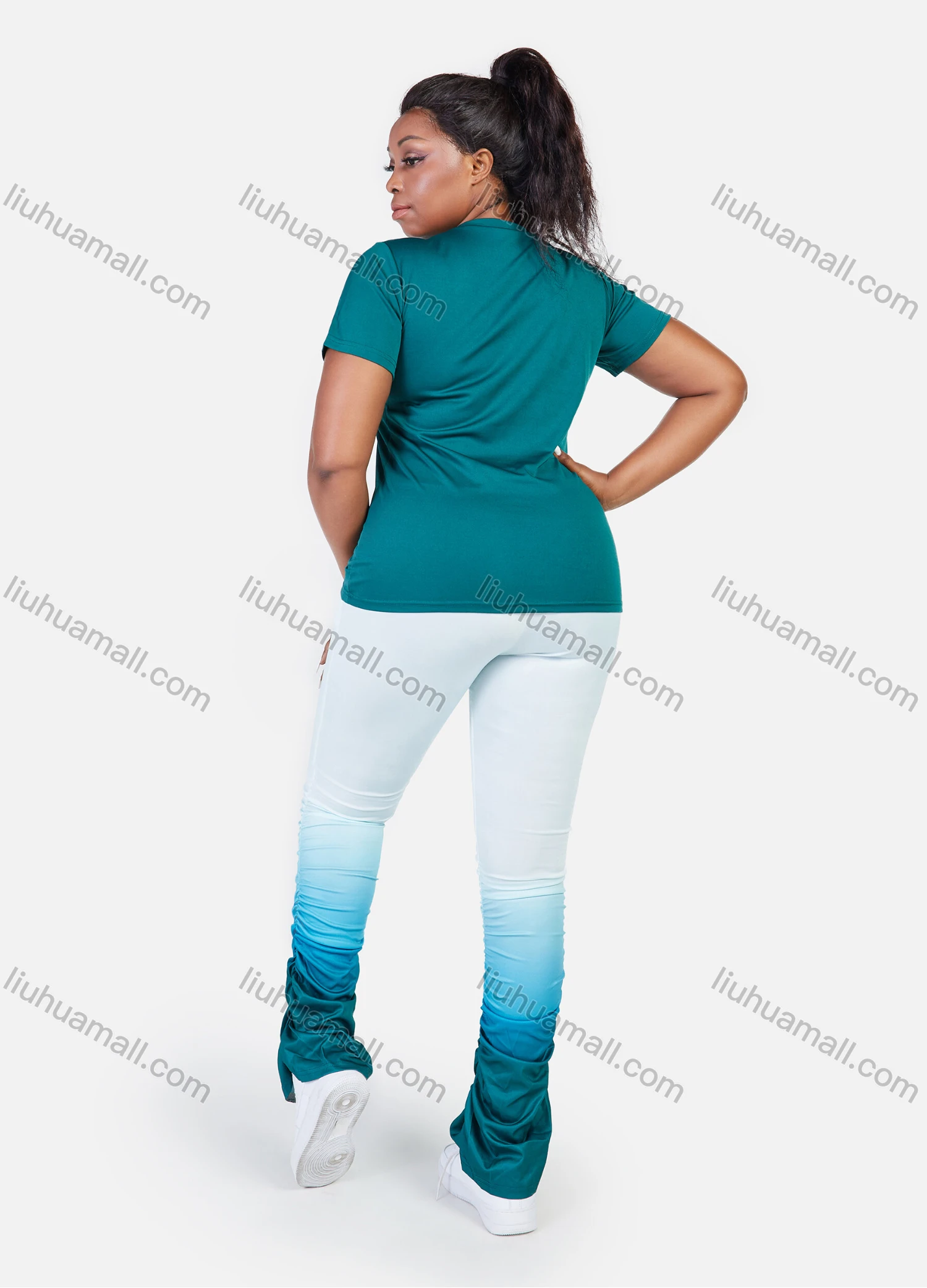 Wholesale Women's Graphic Slogan Print Short Sleeve Tee&Slim Fit Pants Ruched Gradient Set - Liuhuamall