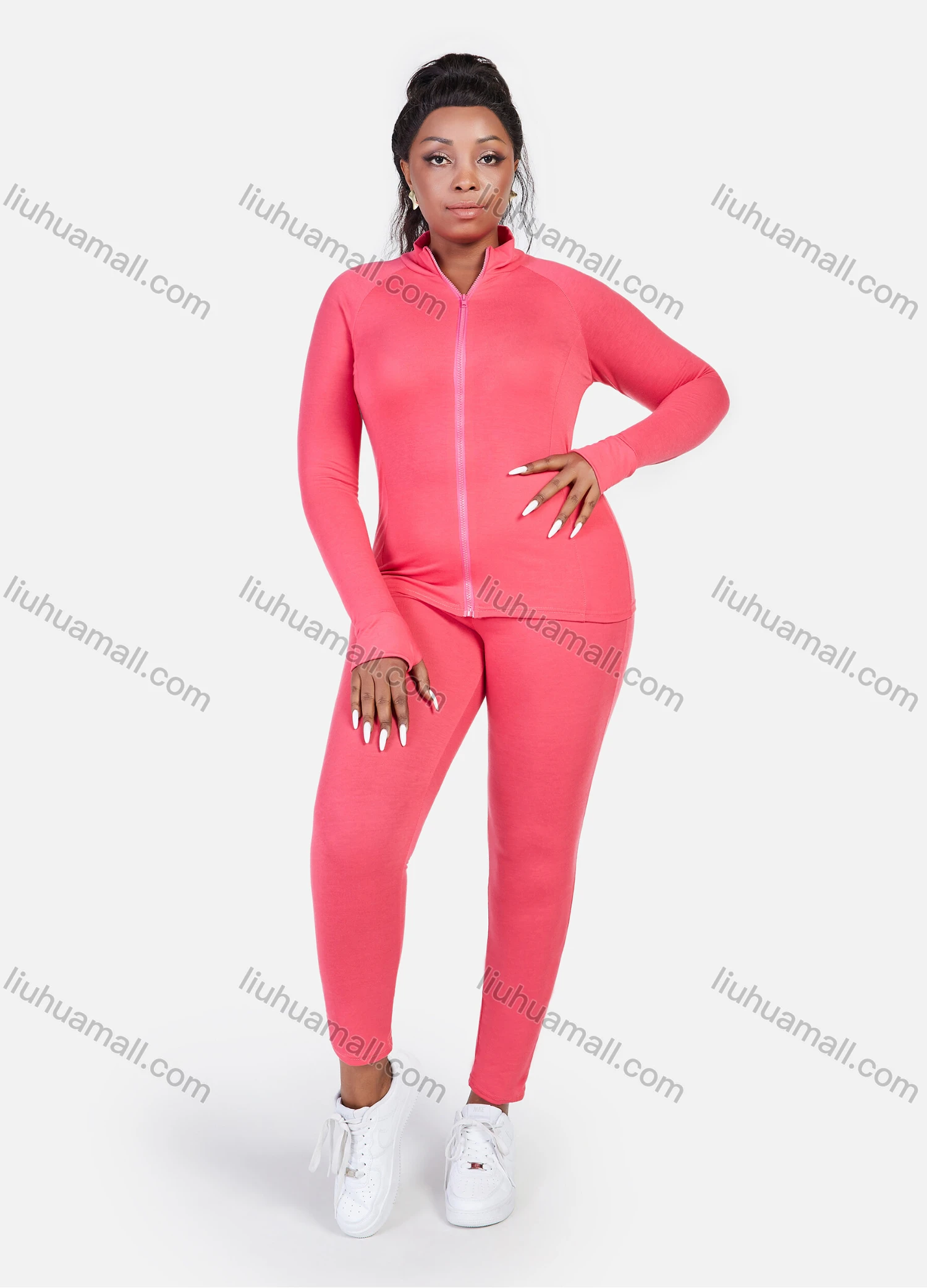 Wholesale Women's Stand Collar Gym Sport Elasticity Solid Blouses&Solid Bodycon Training Pants Set - Liuhuamall