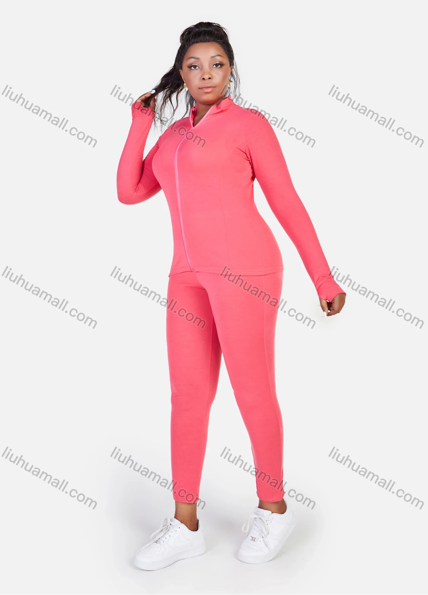 Wholesale Women's Stand Collar Gym Sport Elasticity Solid Blouses&Solid Bodycon Training Pants Set - Liuhuamall