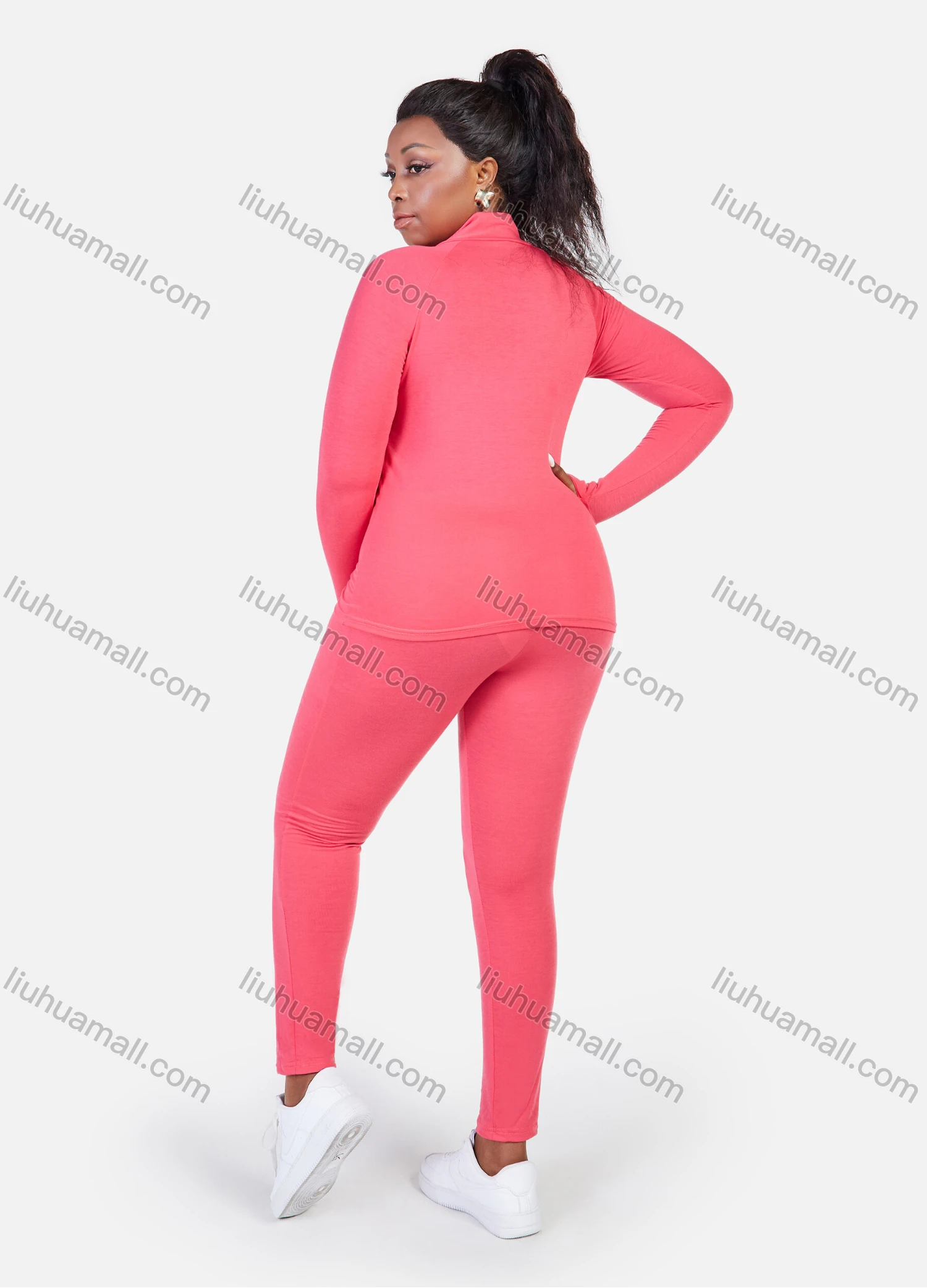 Wholesale Women's Stand Collar Gym Sport Elasticity Solid Blouses&Solid Bodycon Training Pants Set - Liuhuamall