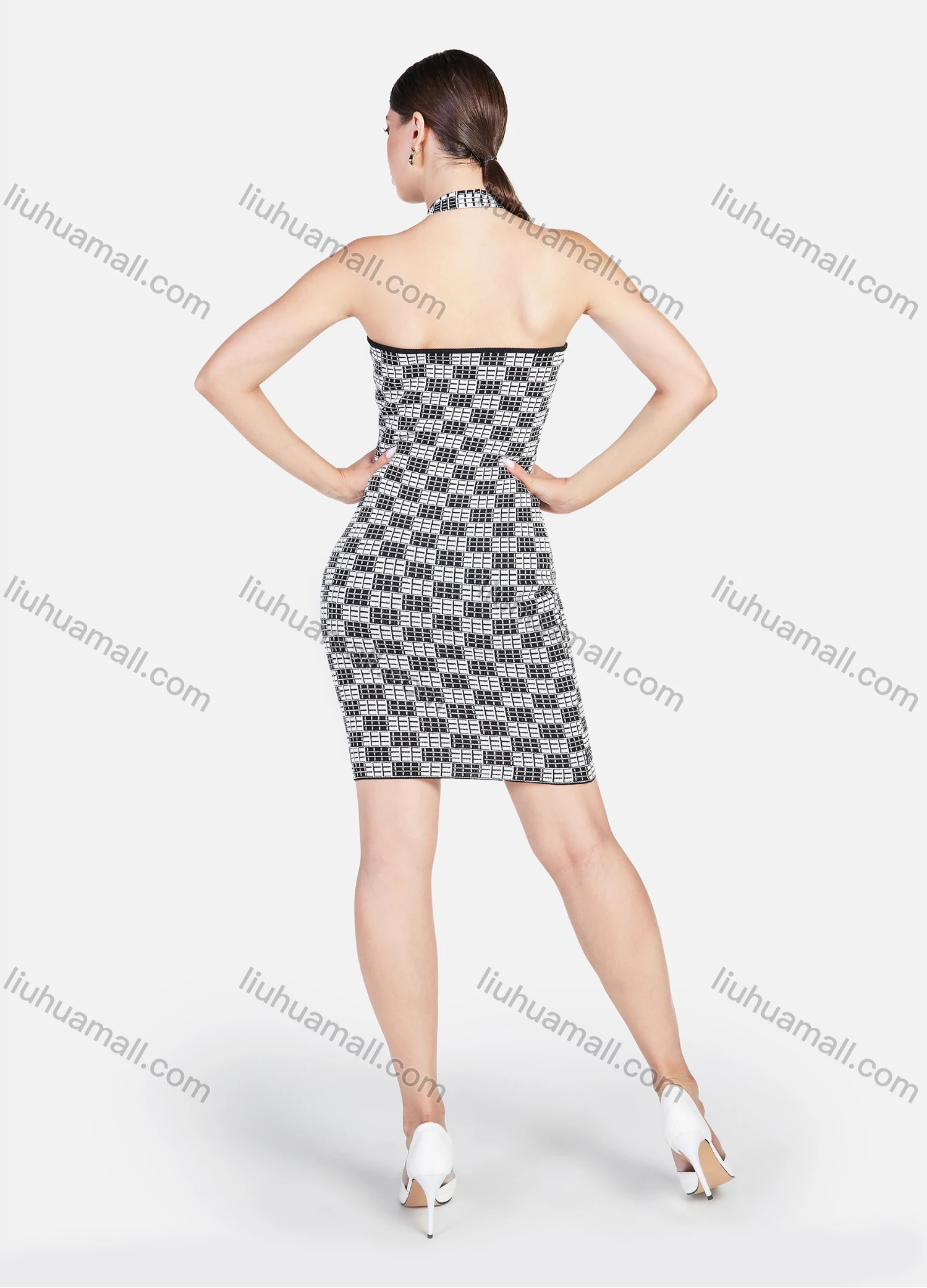 Wholesale Women's Haleter Sleeveless Open Back Checkerboard Print Sexy Short Dress - Liuhuamall