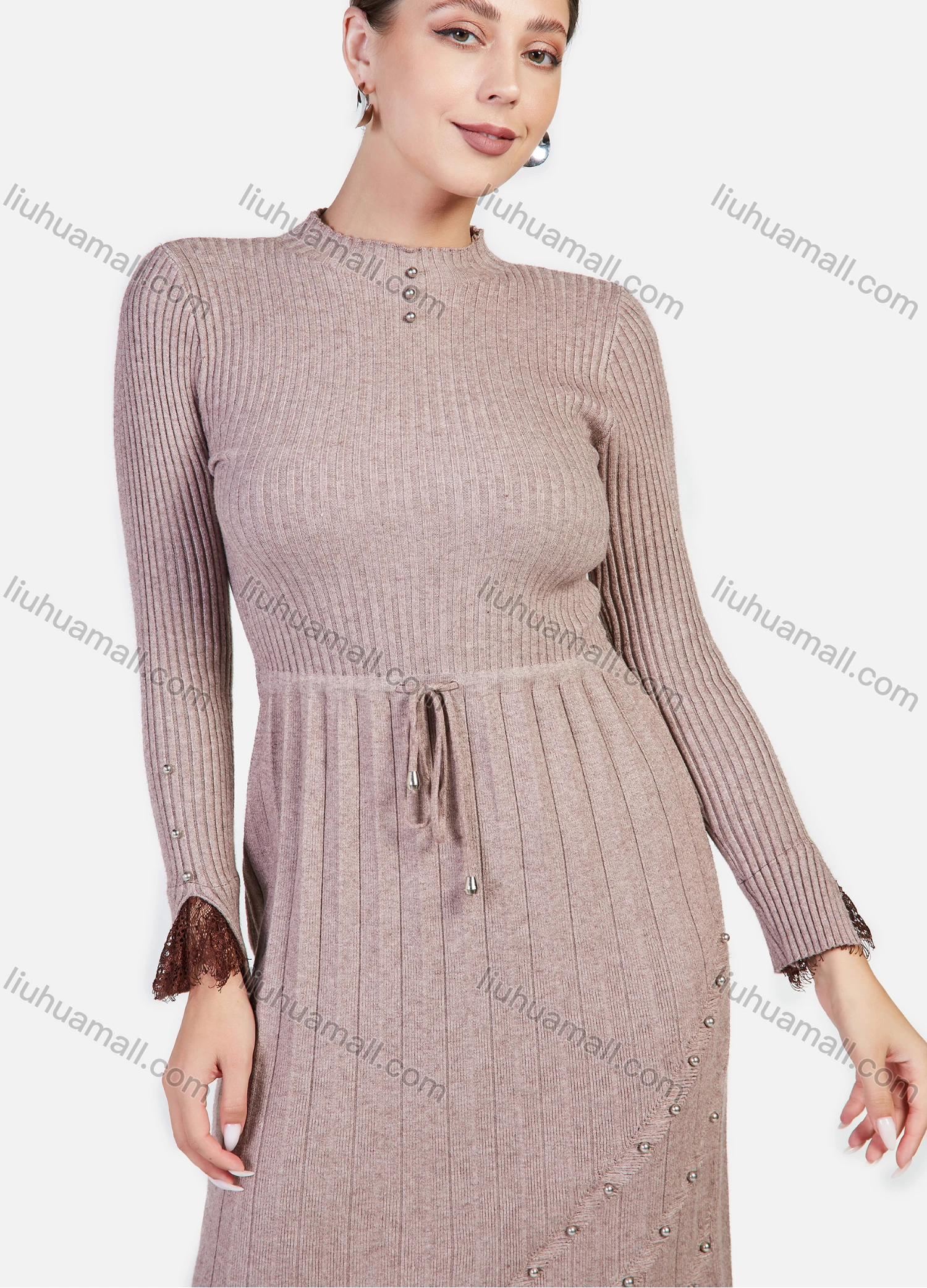 Wholesale Women's Rib-Knit Plain Mock Neck Long Sleeve Lace Pearl Decor Elegant Casual Knee Length Dress - Liuhuamall