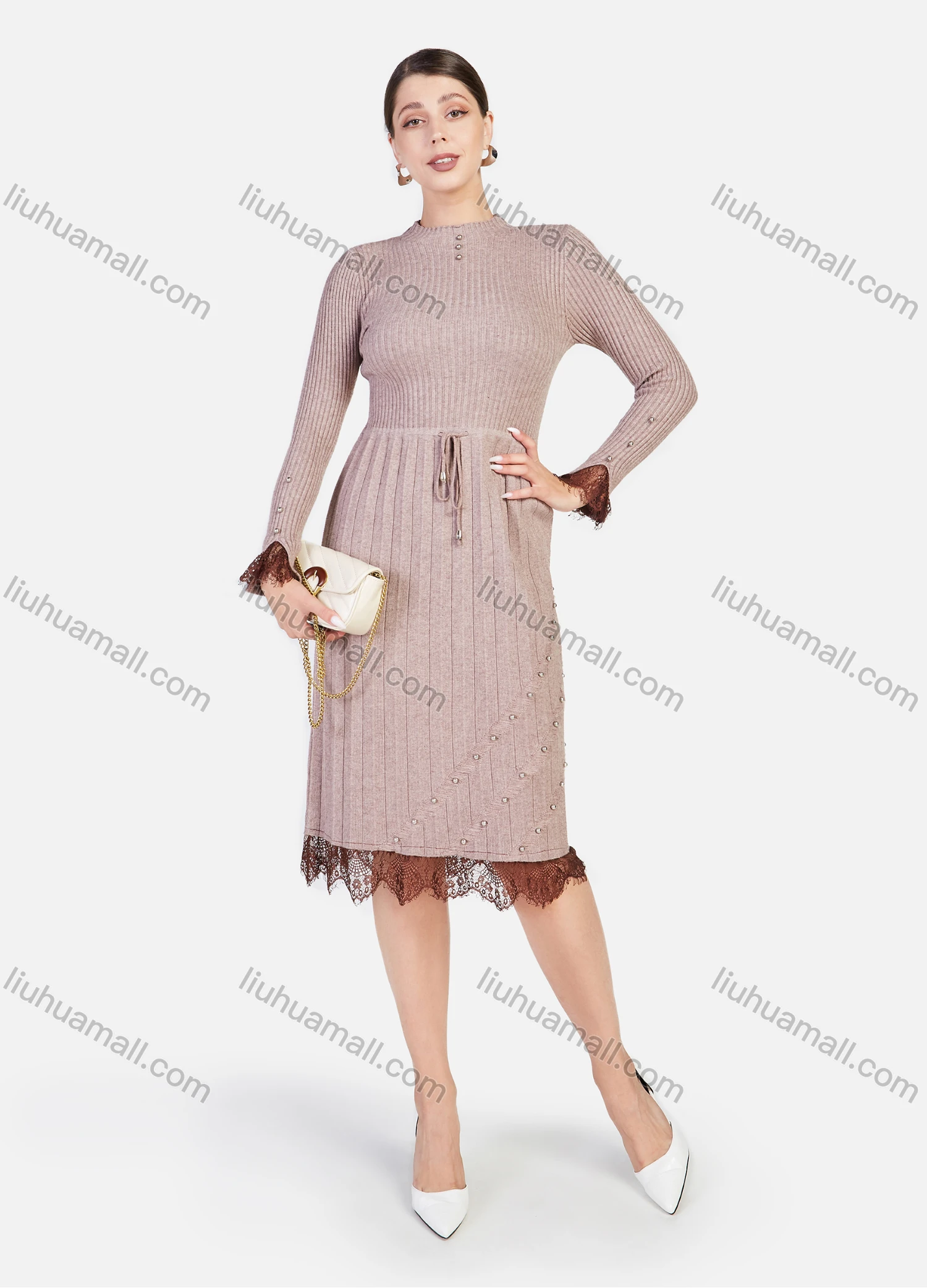 Wholesale Women's Rib-Knit Plain Mock Neck Long Sleeve Lace Pearl Decor Elegant Casual Knee Length Dress - Liuhuamall