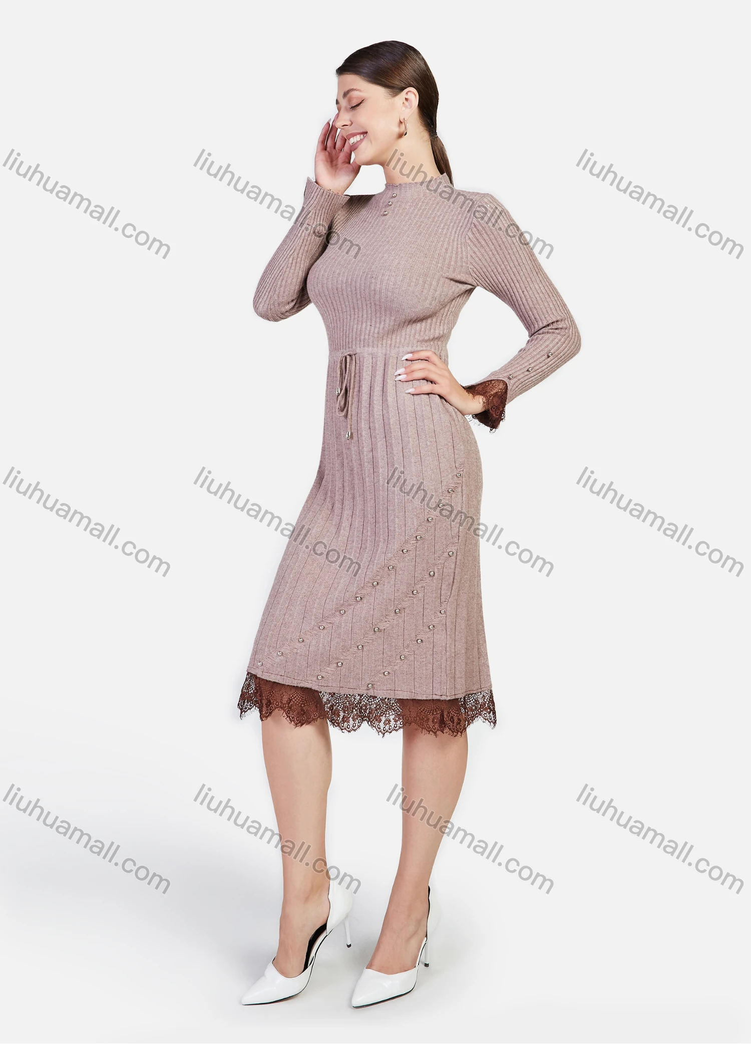 Wholesale Women's Rib-Knit Plain Mock Neck Long Sleeve Lace Pearl Decor Elegant Casual Knee Length Dress - Liuhuamall
